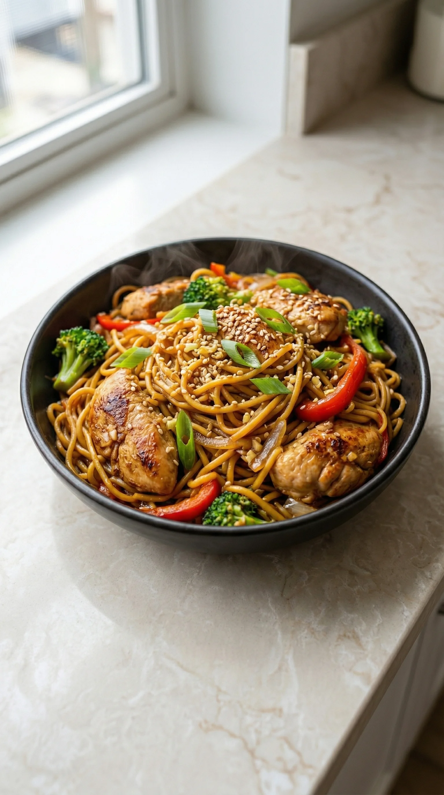 Ein schwarzes, mit Hähnchen-Teriyaki-Nudeln gefülltes Bowl auf einem Tisch.