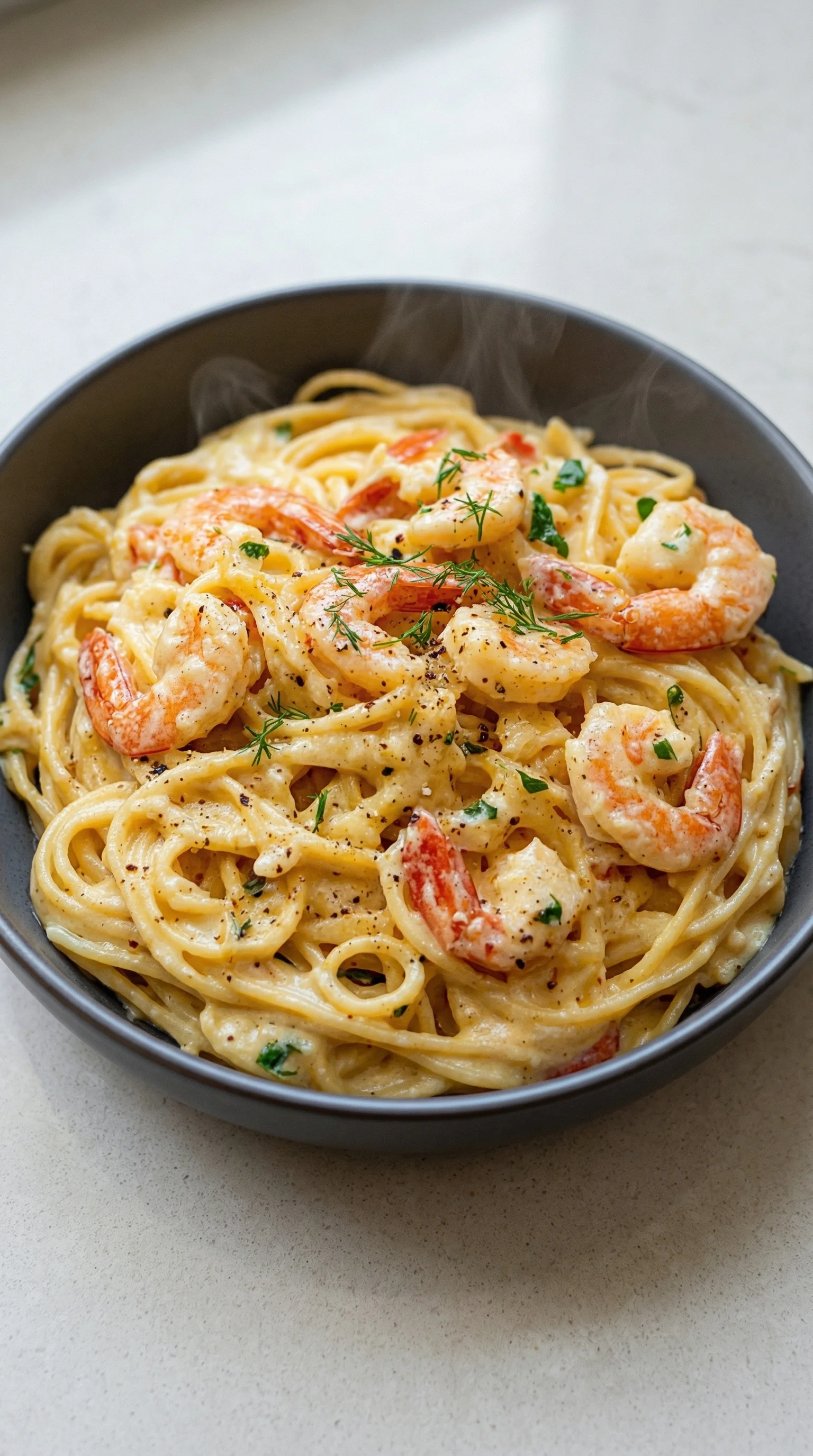 Ein Schälchen mit Spaghetti und Garnelen in Frischkäsesauce.