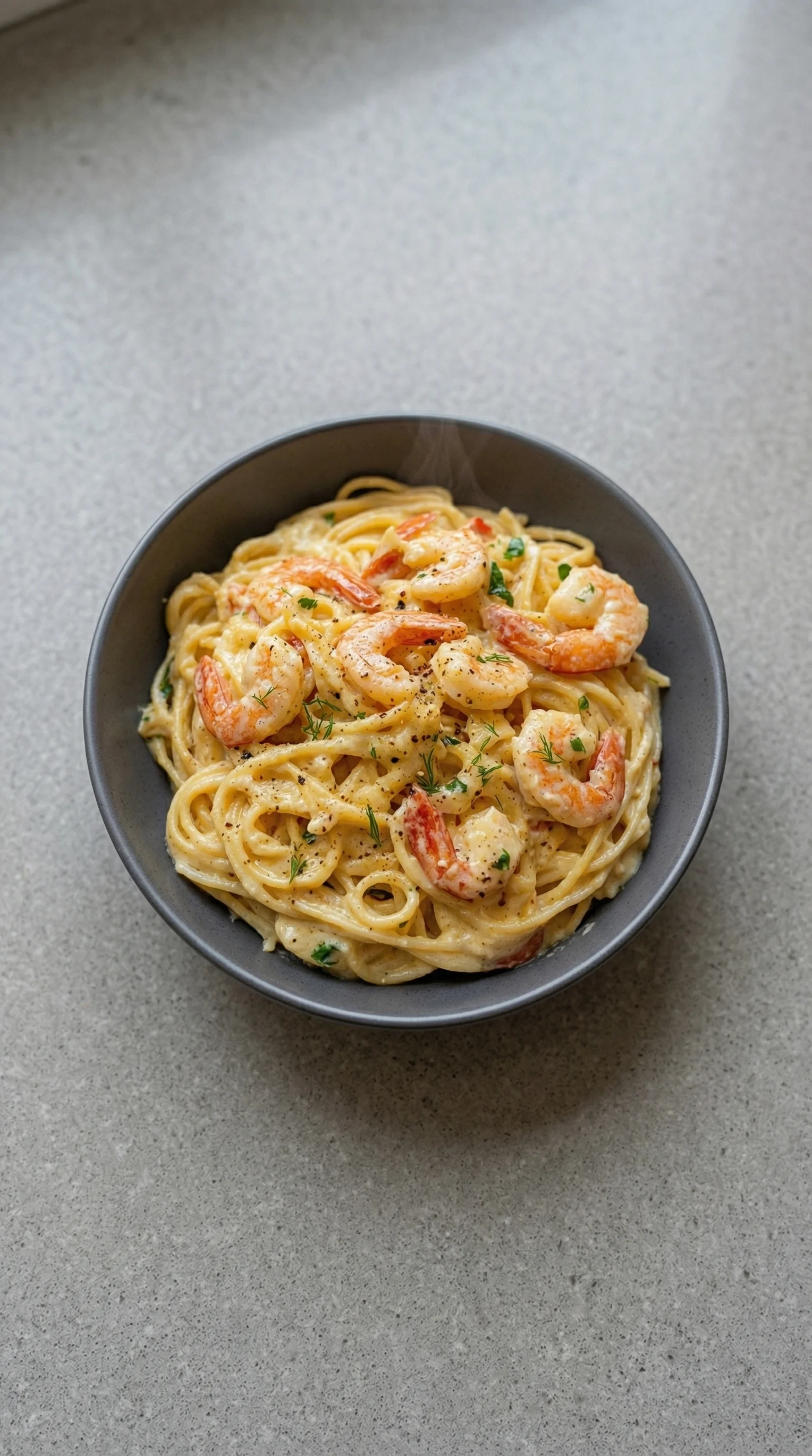 Ein Schälchen mit Spaghetti und Garnelen in Frischkäsesauce.