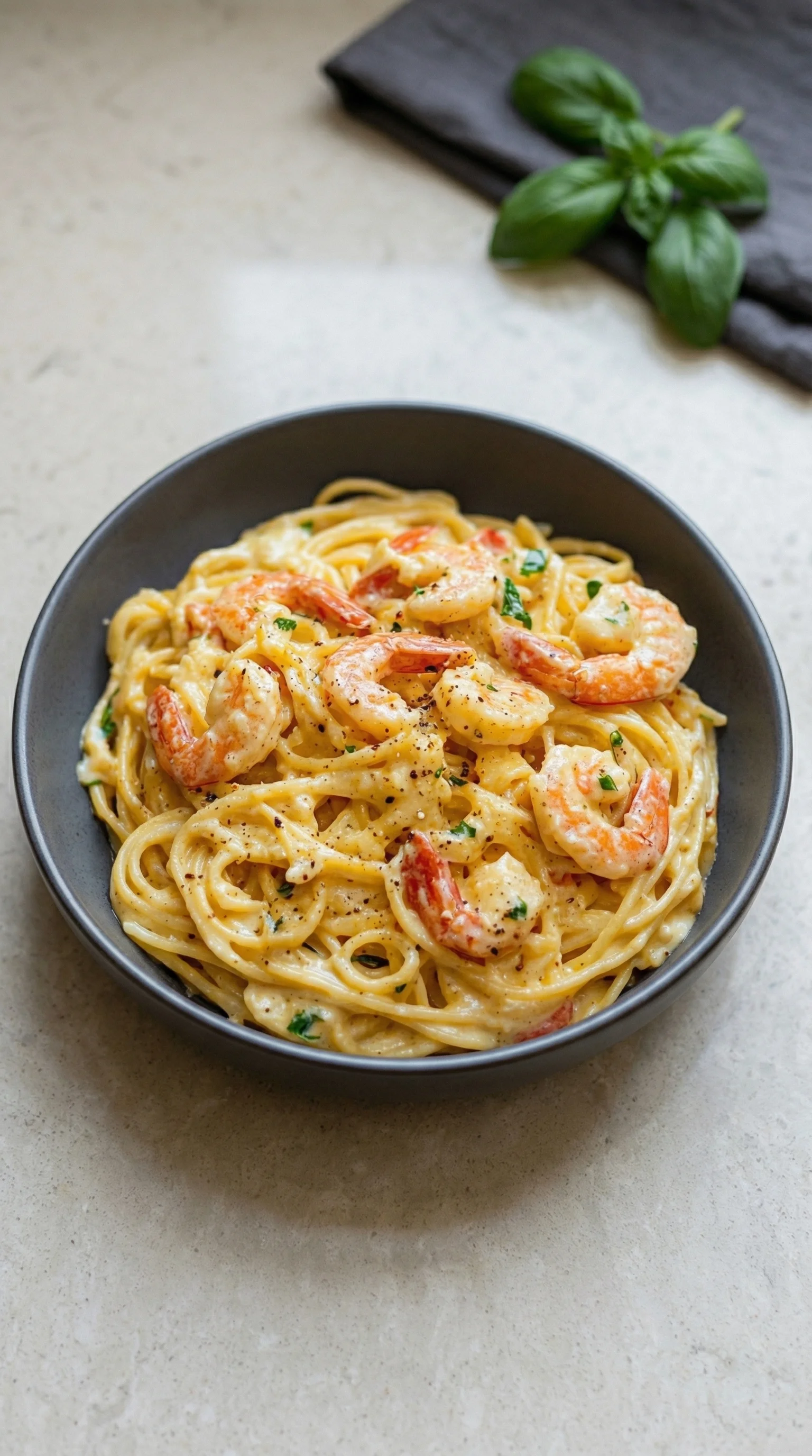 Ein Schälchen mit Spaghetti und Garnelen in Frischkäsesauce.