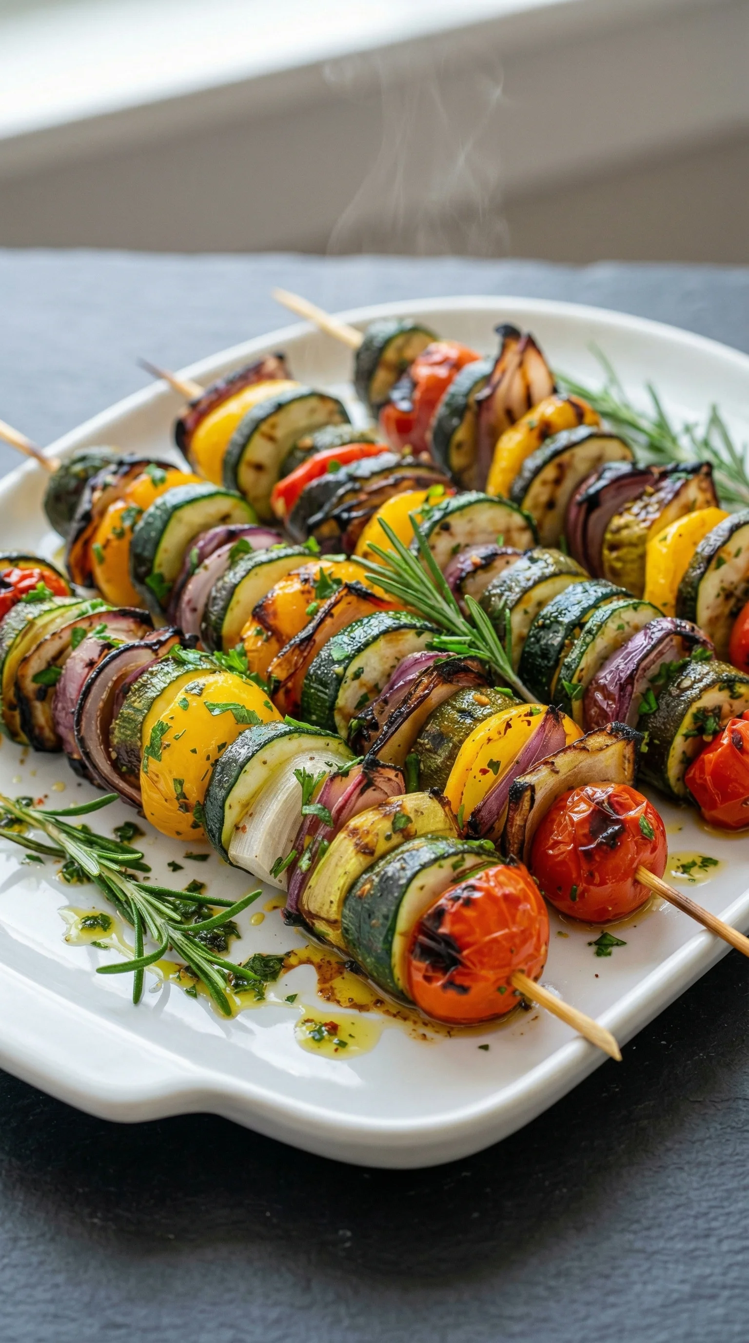 Eine Platte mit gegrillten Gemüsespießen, die mit Kräuter-Marinade zubereitet wurden.