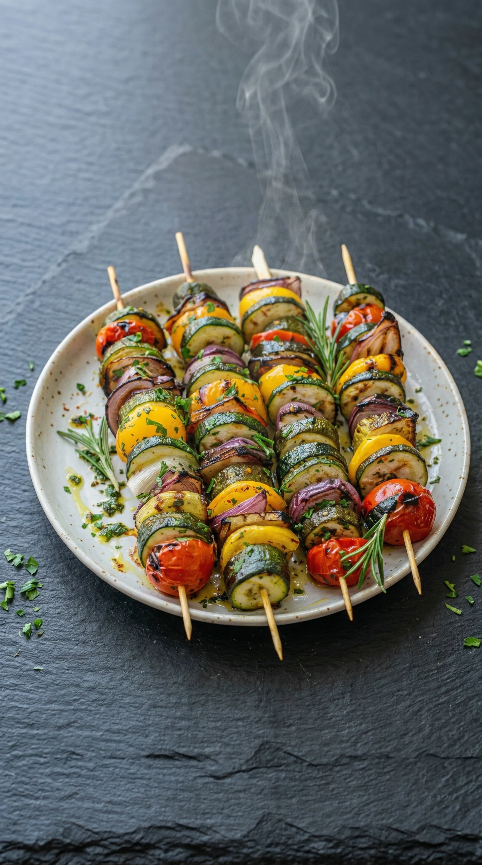 Ein weißer Teller mit grillierten Gemüsespießen, die mit Kräuter-Marinade zubereitet wurden.
