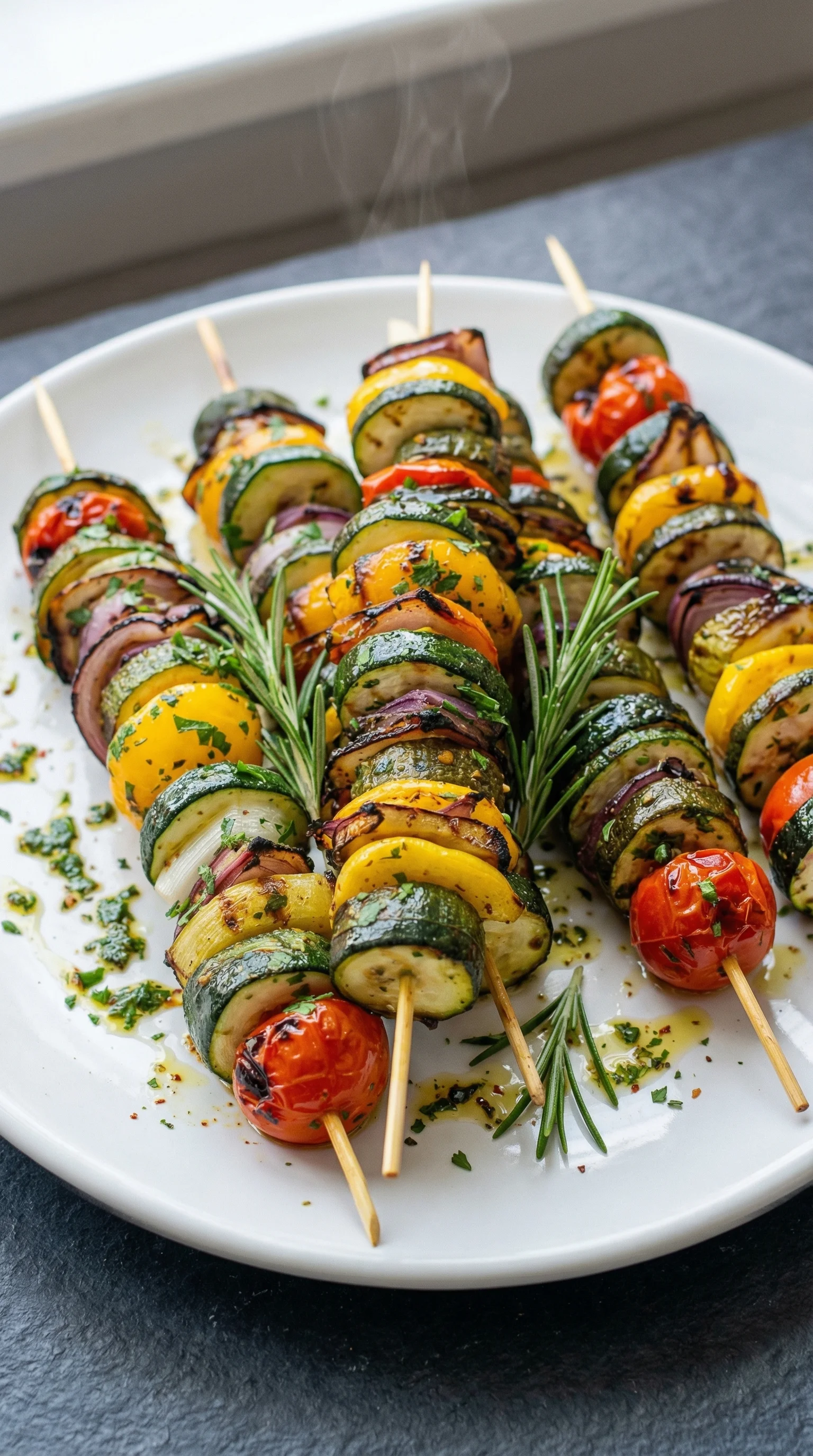 Eine Platte mit gegrillten Gemüsespießen, die mit Kräuter-Marinade zubereitet wurden.