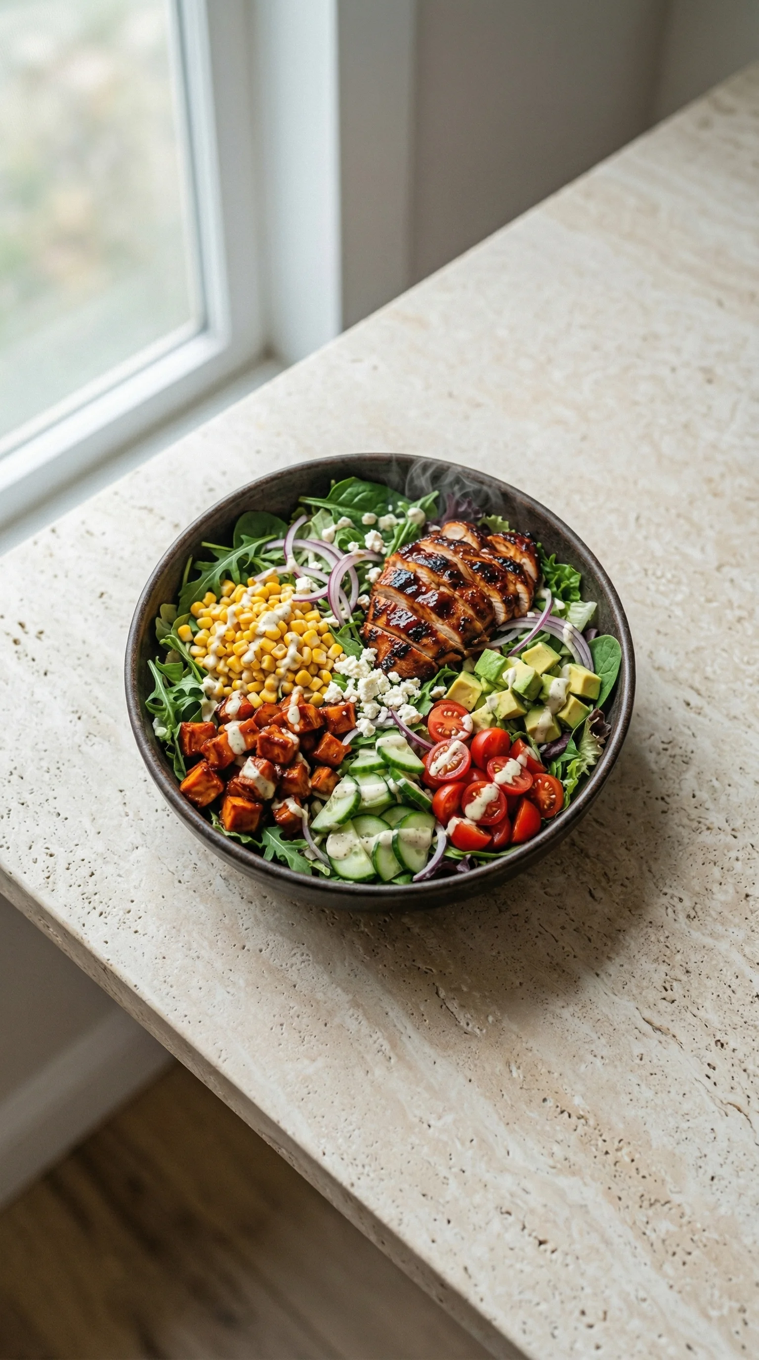 Ein großes, schönes, frisches Salat mit vielen Zutaten wie Tomaten, Avocado, Kartoffeln, Zwiebeln, Käse, Salz und Pfeffer.