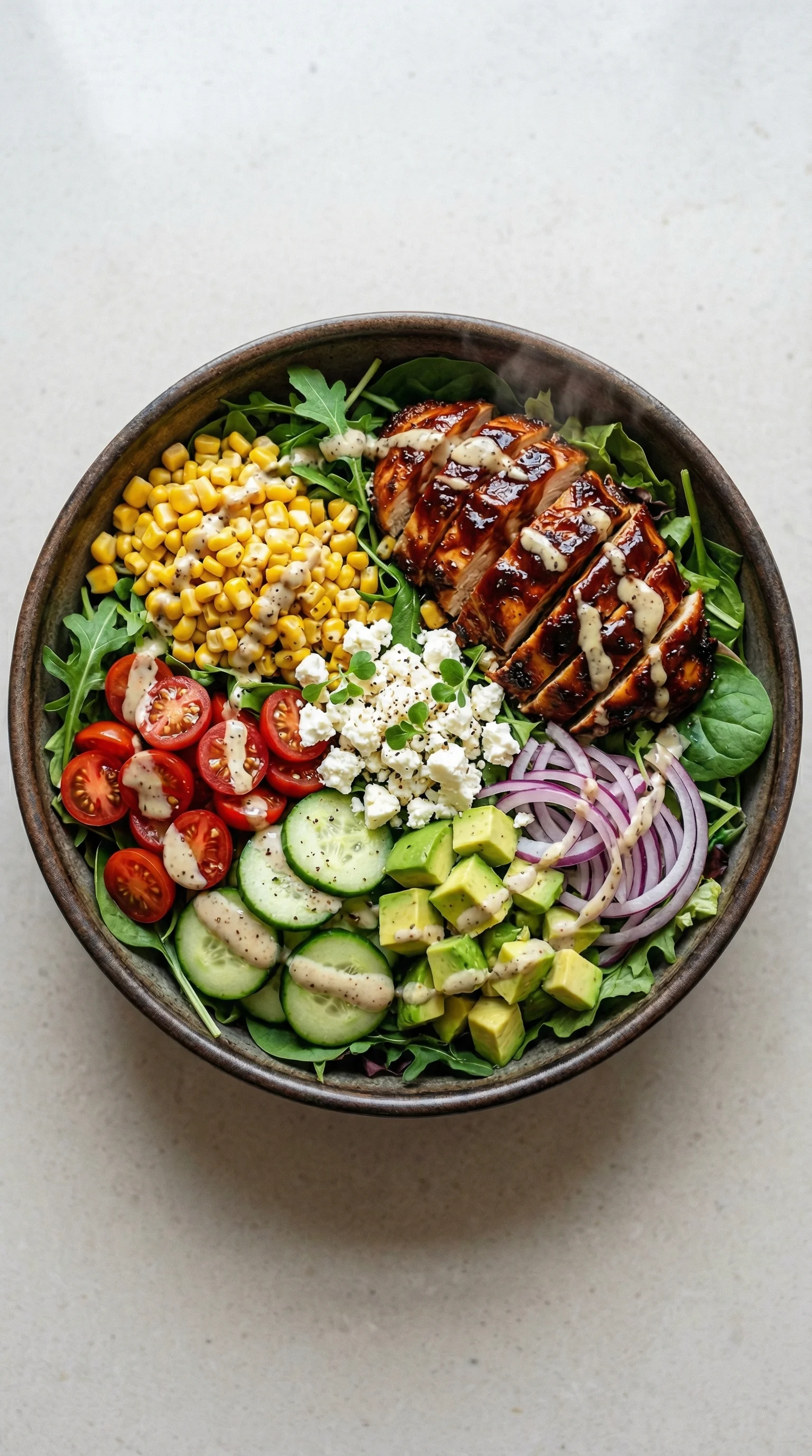 Ein BBQ Hähnchen Geschnittene Salat mit Avocado, Tomaten, Kartoffeln, Zwiebeln und Käse.