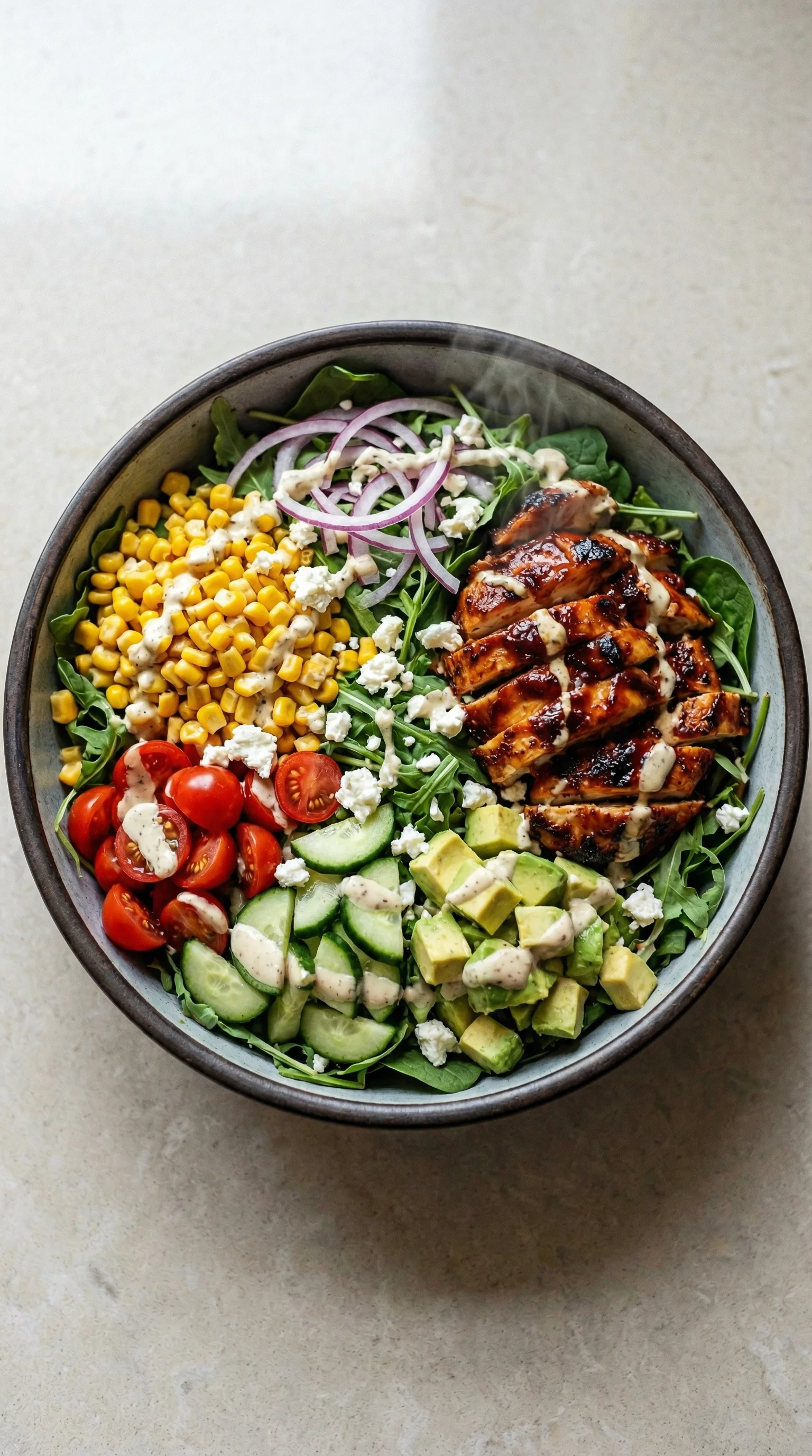 Ein Schüssel mit einer Mischung aus Salat, Avocado, Käse, Tomaten, Zwiebeln und BBQ Hähnchen Geschnitten.