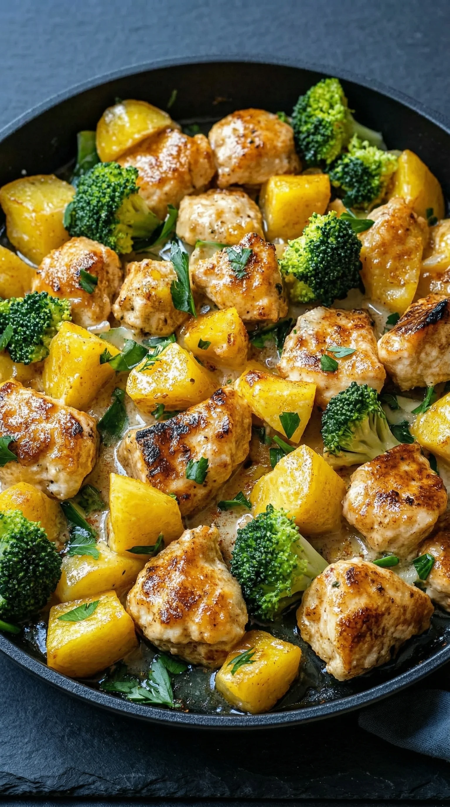 Eine Pfanne mit Hähnchen, Kartoffeln und Brokkoli.
