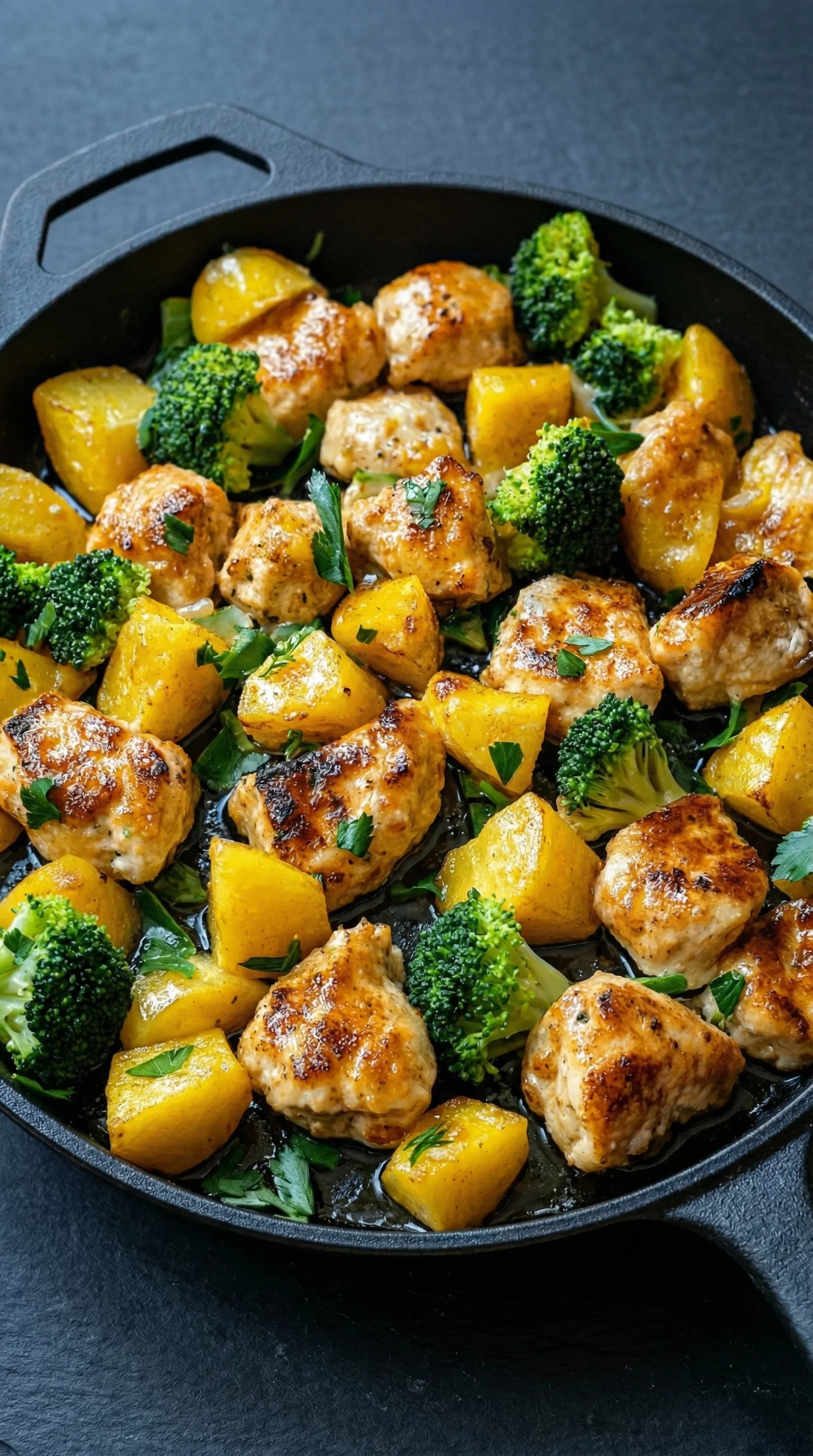 Eine Pfanne mit Hähnchen, Kartoffeln und Brokkoli.