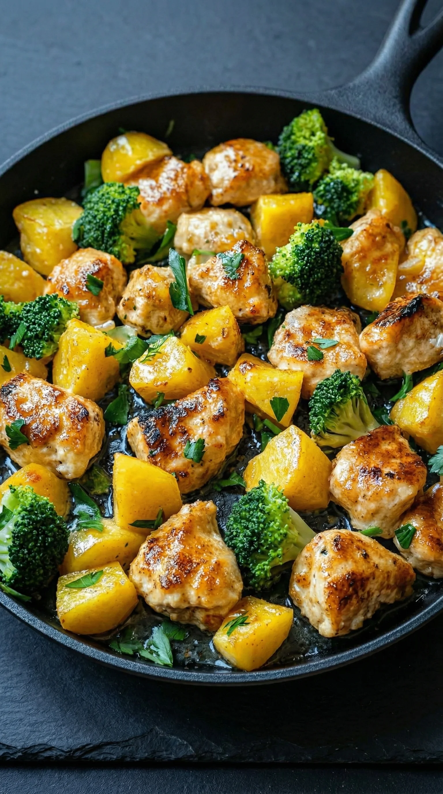 Eine Pfanne mit Hähnchen, Kartoffeln und Brokkoli.
