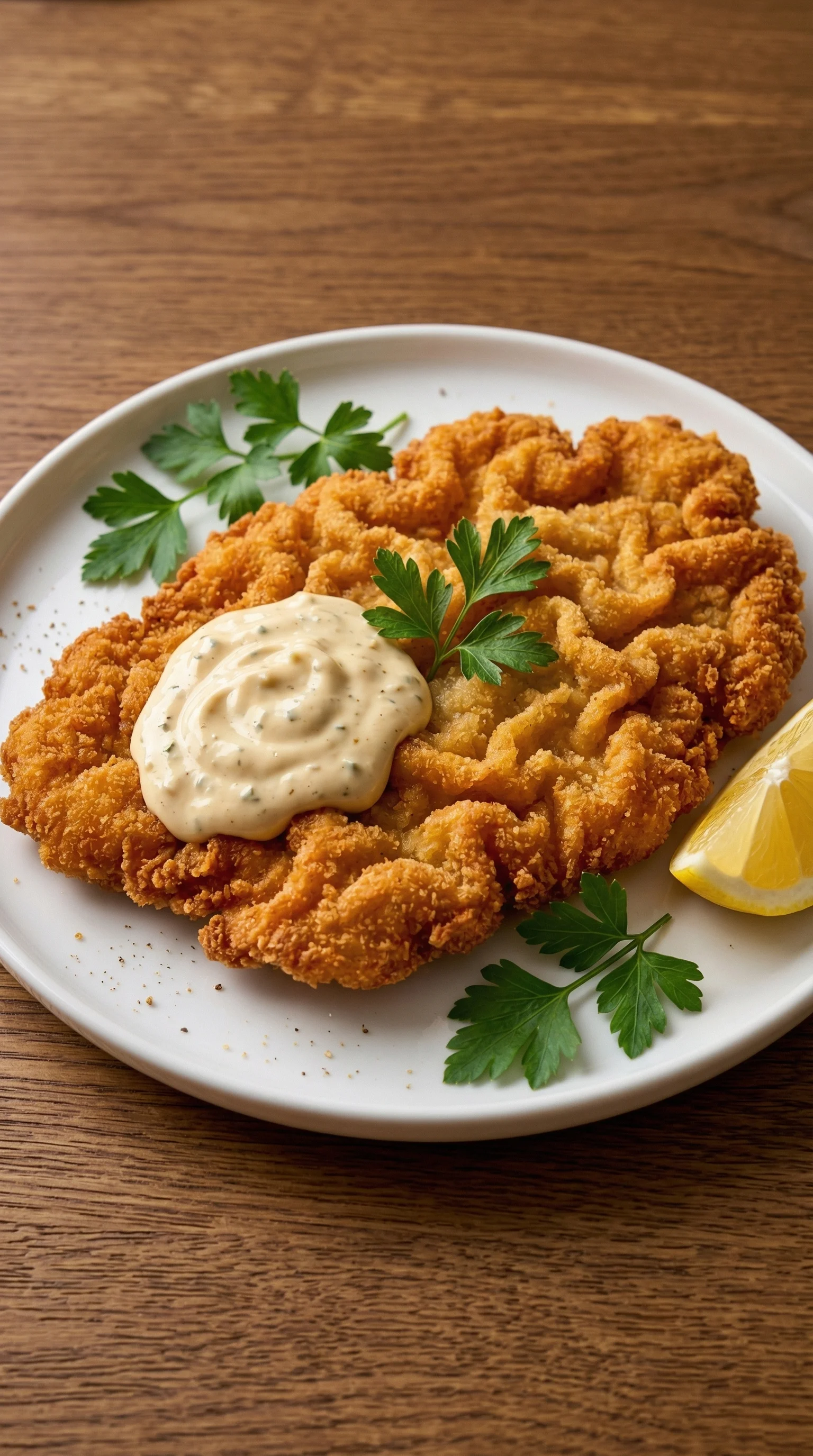 Ein Schnitzel mit Sauce auf einem weißen Teller.