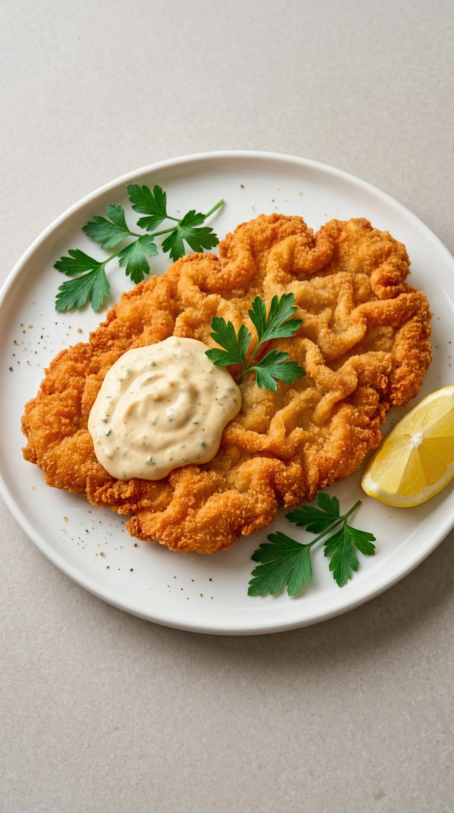 Ein Schnitzel mit Sauce auf einem weißen Plate.