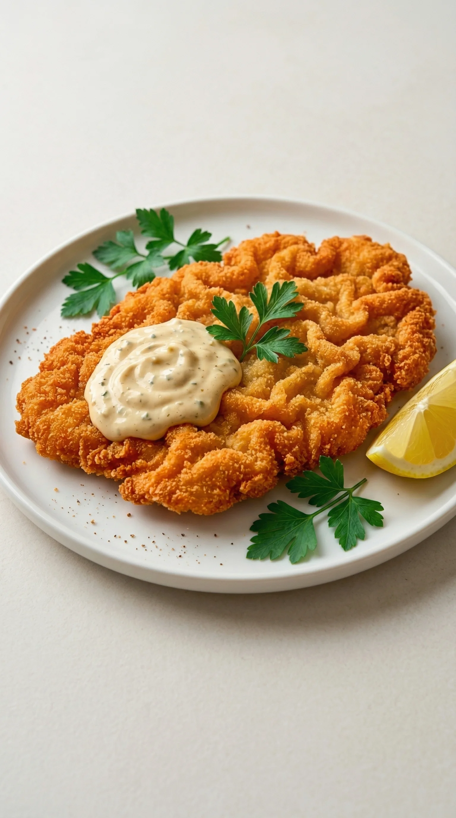 Ein Schnitzel auf einem weißen Plate, das mit Sauce und Zwiebeln garniert ist.
