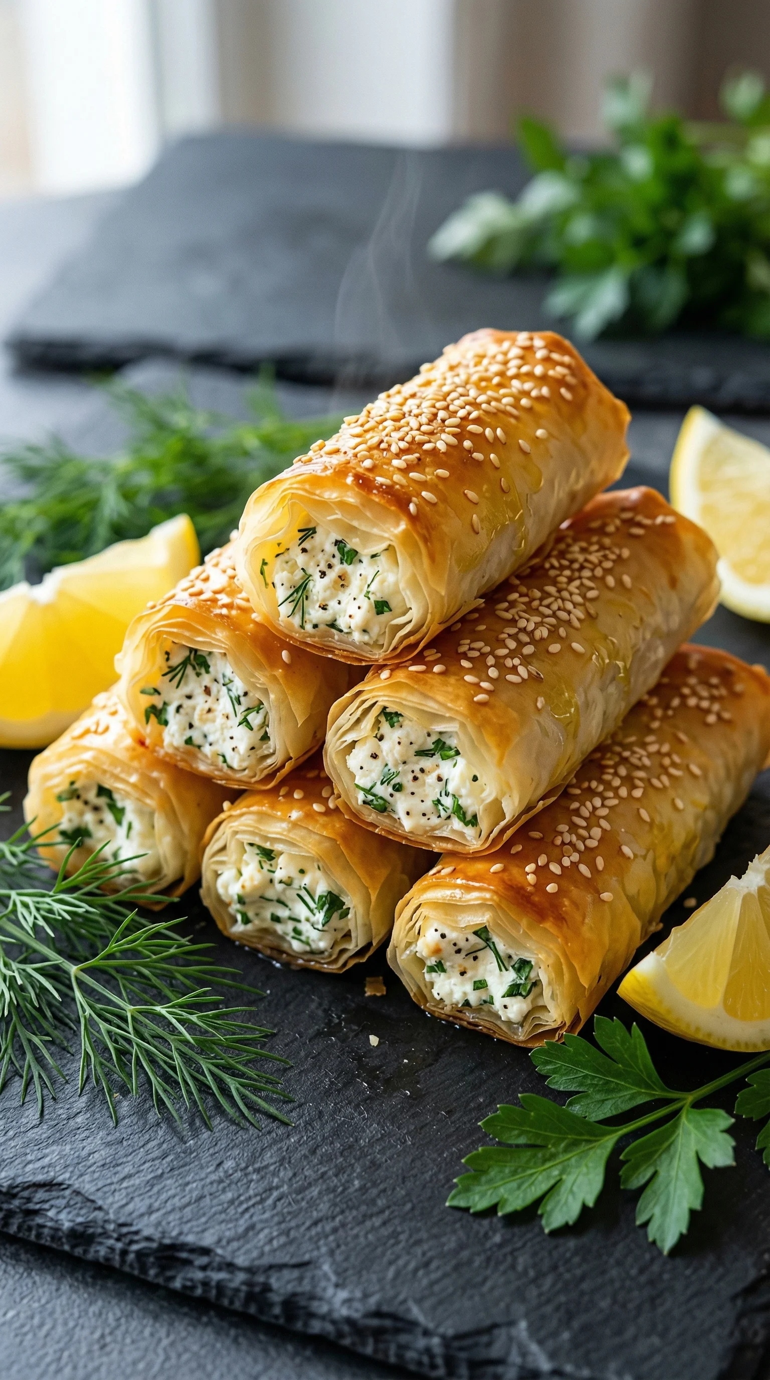 Eine Anzahl von Oven Fried Feta Rolls auf einem Tisch.