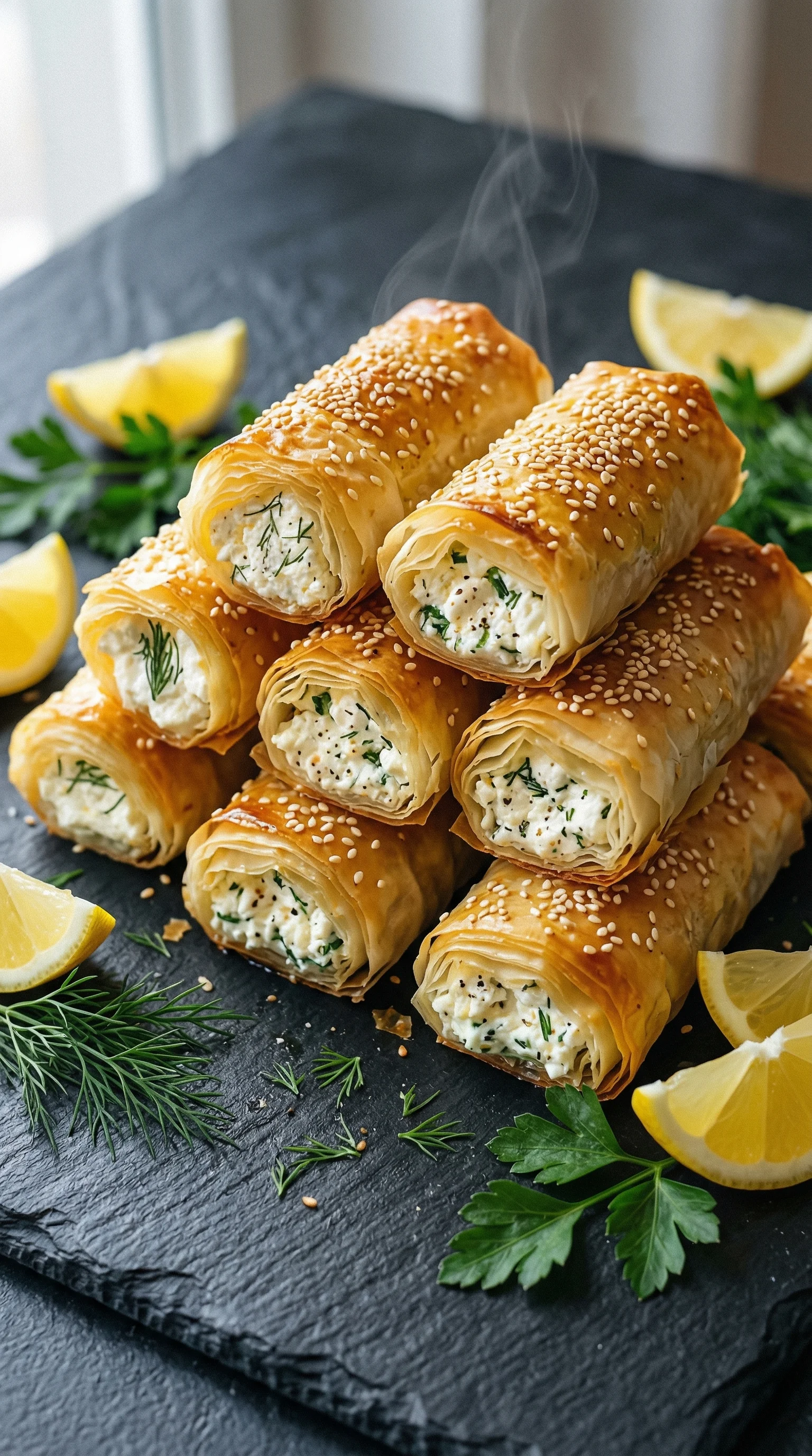 Eine Anzahl von Oven Fried Feta Rolls, die knusprig und lecker sind, auf einem Tisch.