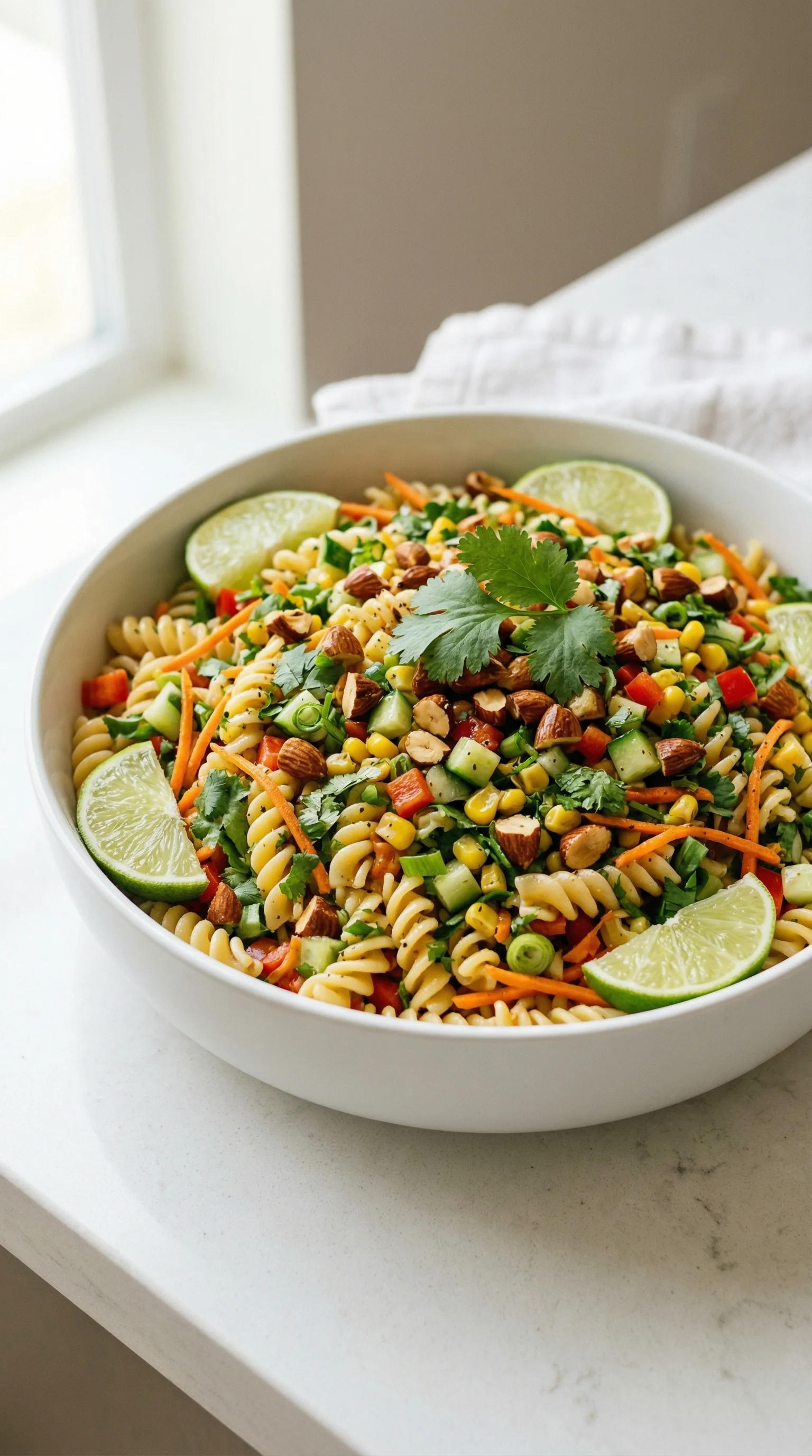 Ein weißer Becher mit Nudelsalat, der mit Zwiebeln, Karotten, Kokosmelis und Korn gemischt ist.