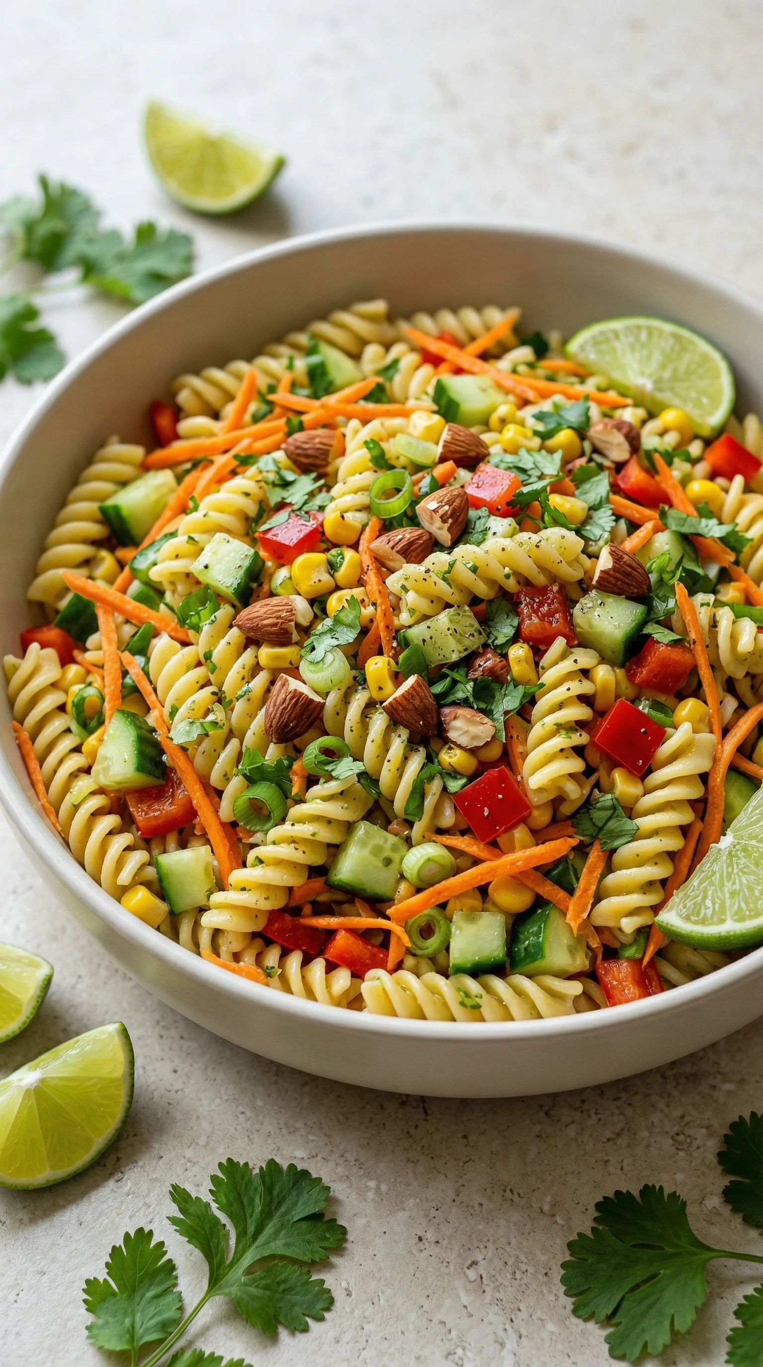 Ein wei&szlig;er Becher mit Nudelsalat, der mit Zwiebeln, Karotten, Tomaten, Kokosnuss und Lime garniert ist.