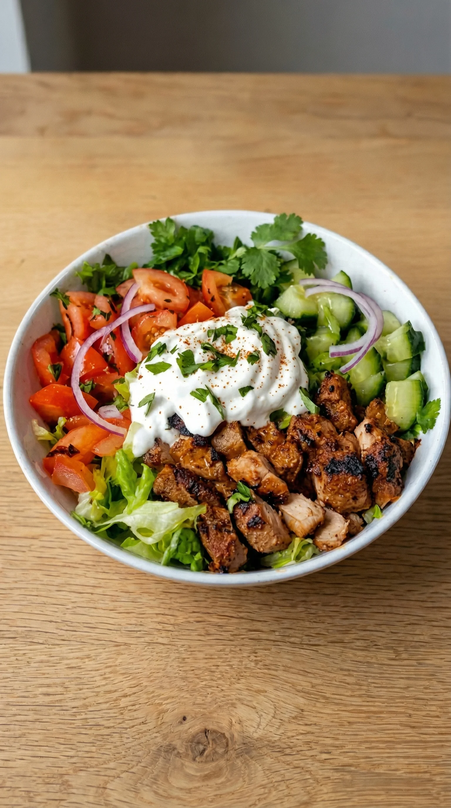 Ein Gesundes Kebab-Bowl mit hohem Eiweißgehalt, der mit verschiedenen Gemüse und Zutaten zubereitet wurde. Es enthält Tomaten, Zwiebeln, Linsen, Koriander, Avocado, Cucumber, Onion, Mayonnaise und Salat.