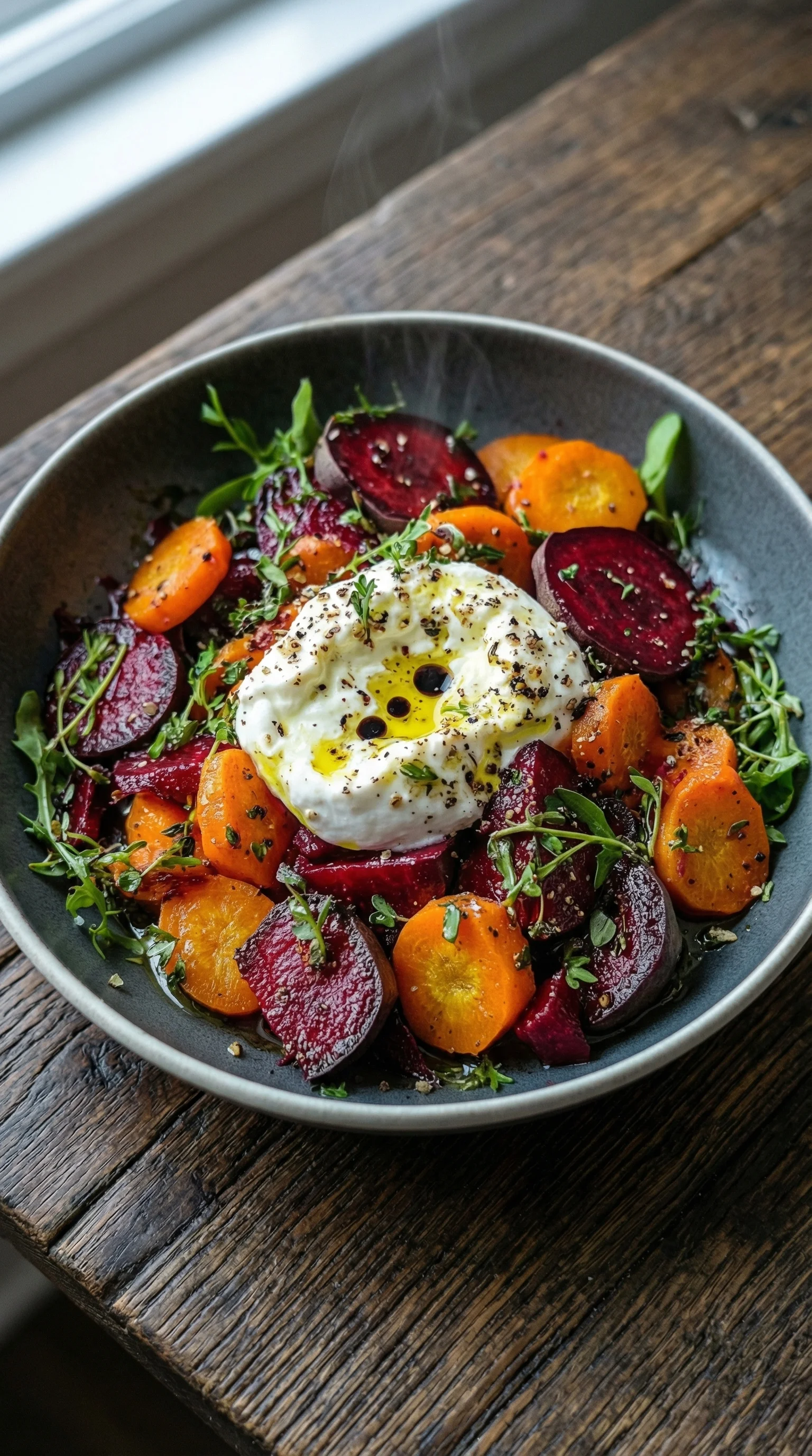 Ein Schälchen mit gerösteten Rote Beten und Karotten, die mit Burrata garniert sind.