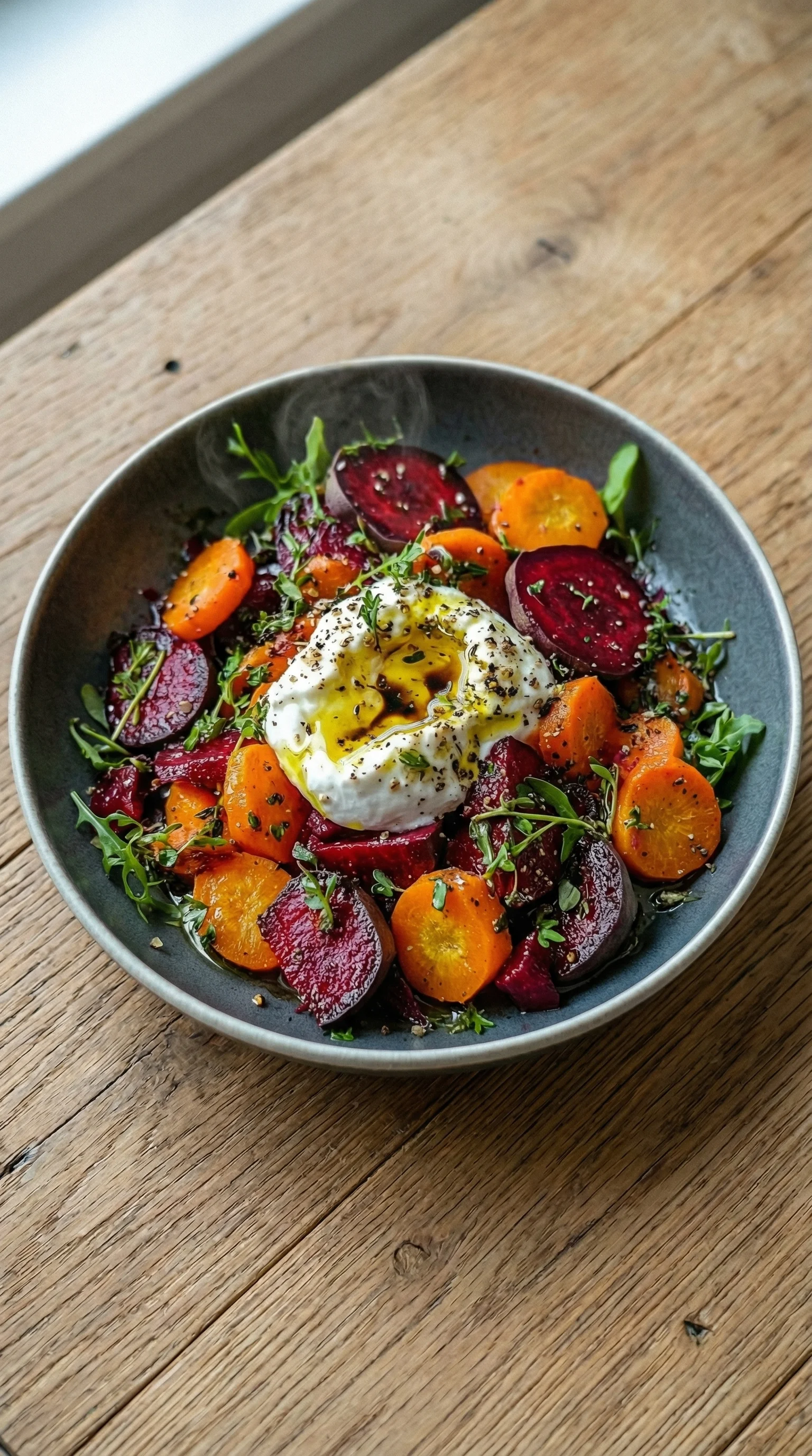 Ein Salat aus ger&ouml;steten Rote Bete und Karotten mit Burrata.