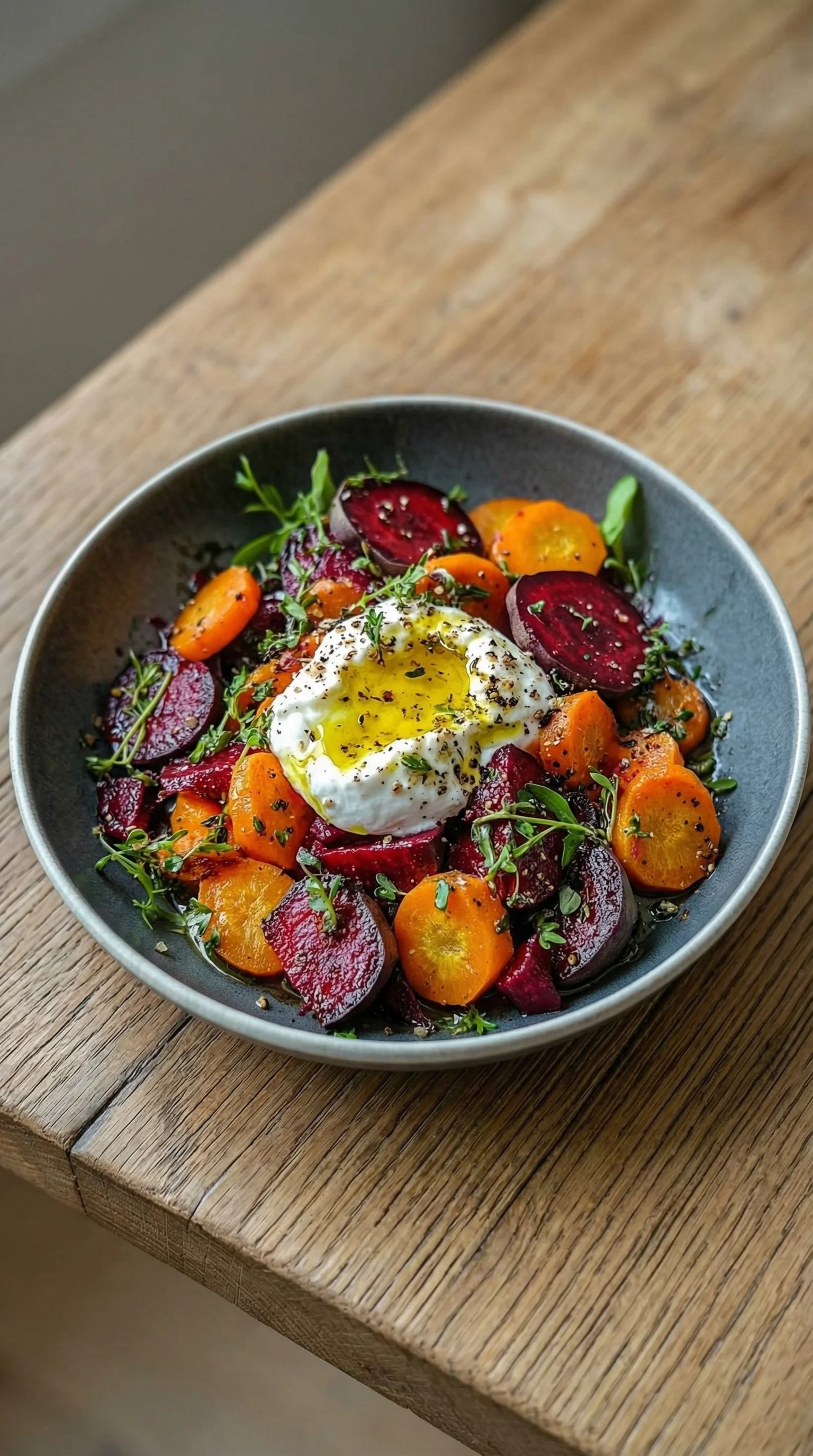 Ein Salat aus ger&ouml;steten Rote Bete und Karotten mit Burrata.