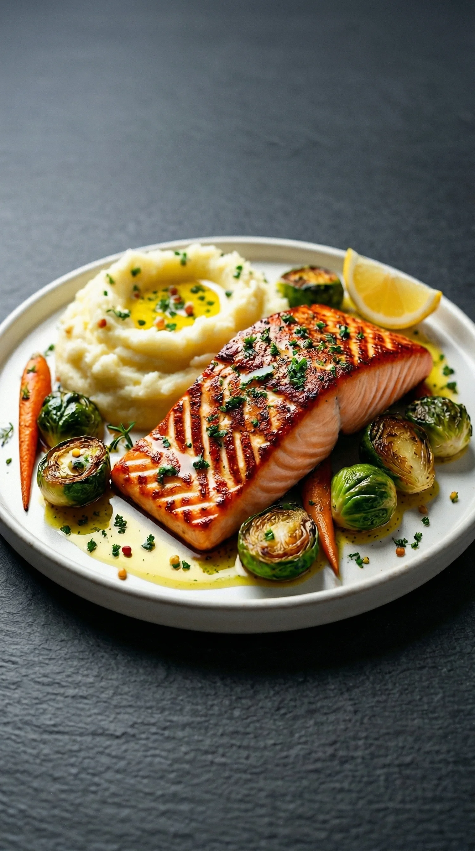 Ein Lachs auf Kartoffelpüree auf einem weißen Teller.