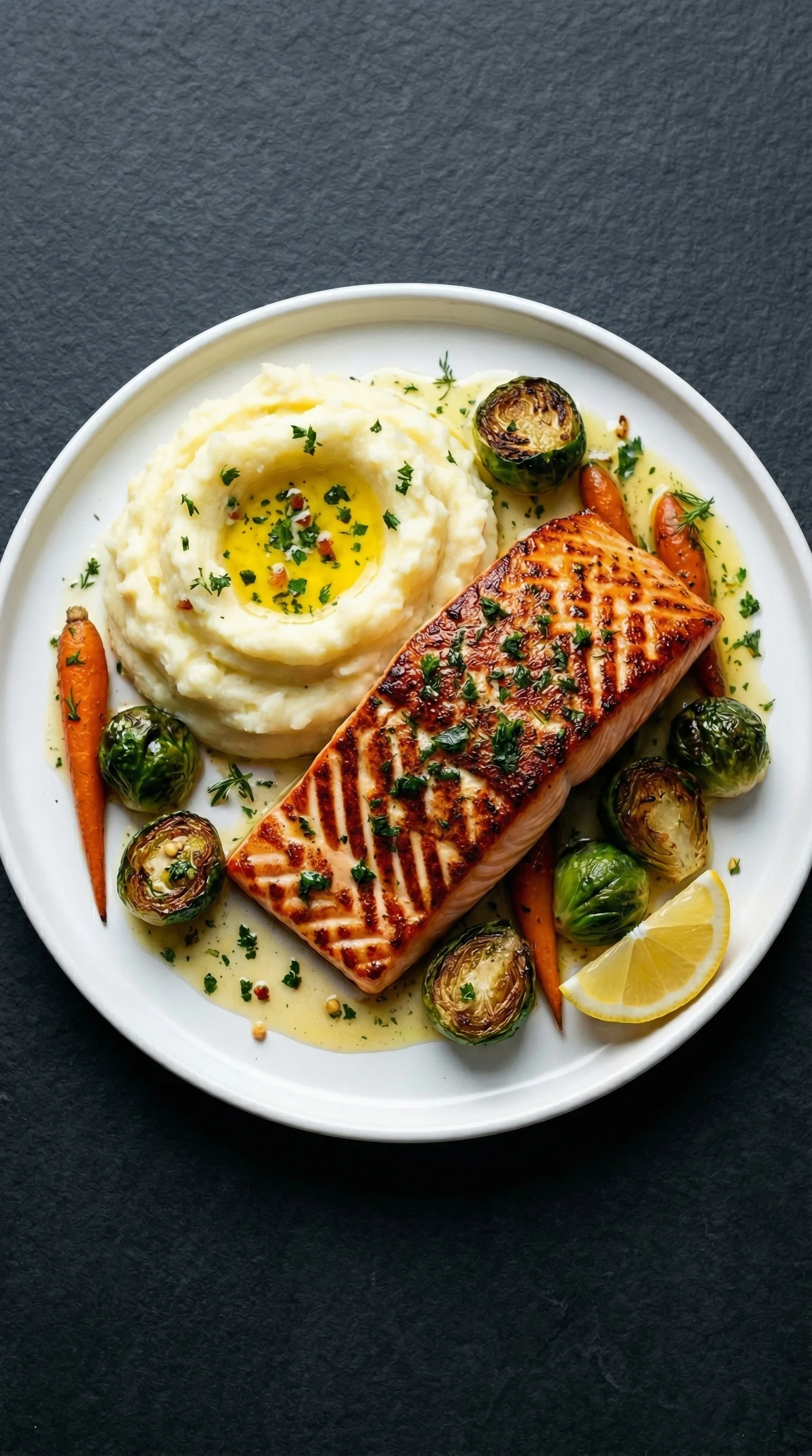 Ein Plate mit Lachs auf Kartoffelpüree.