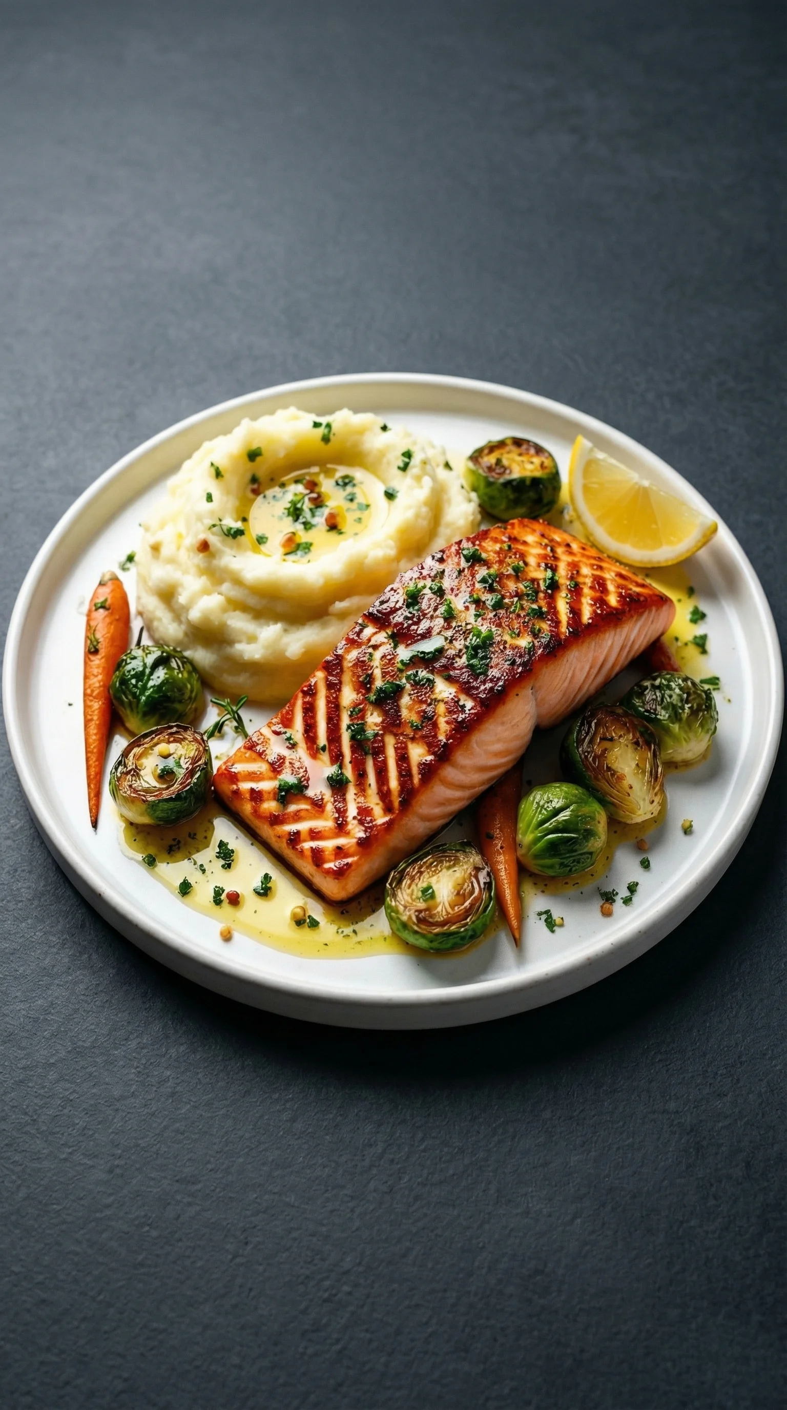 Ein Lachs auf Kartoffelpüree auf einem weißen Teller.