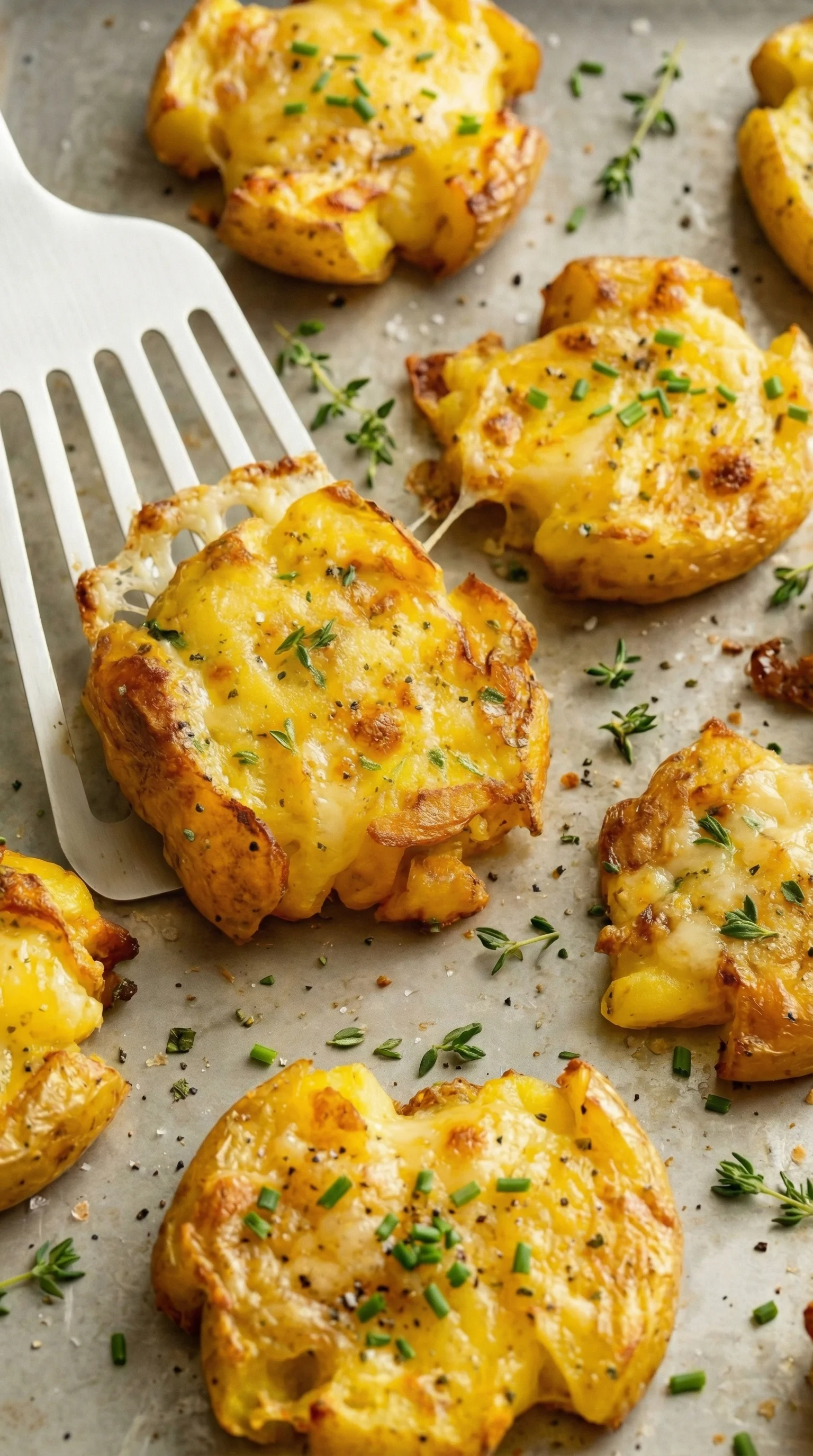 Ein Stück Knusprige Smashed Potatoes mit Käse auf einem Teller.