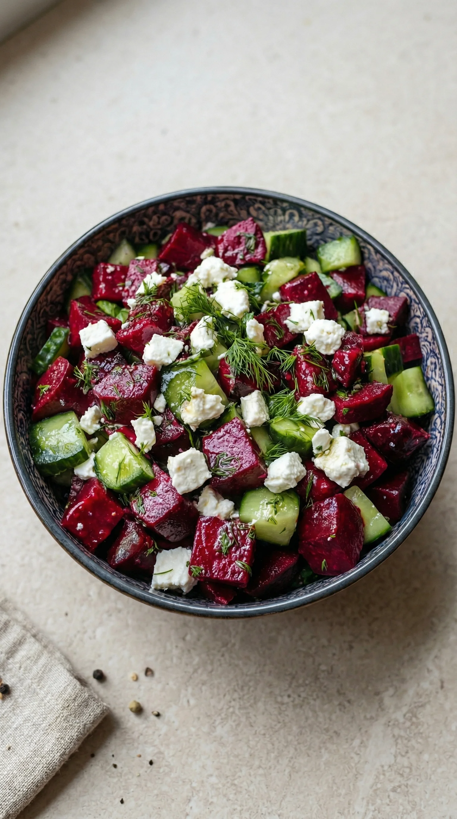 Ein schwarzes, glänzendes Bowl mit einem Rote-Bete-Salat, der mit Feta und Gurken zubereitet wurde.
