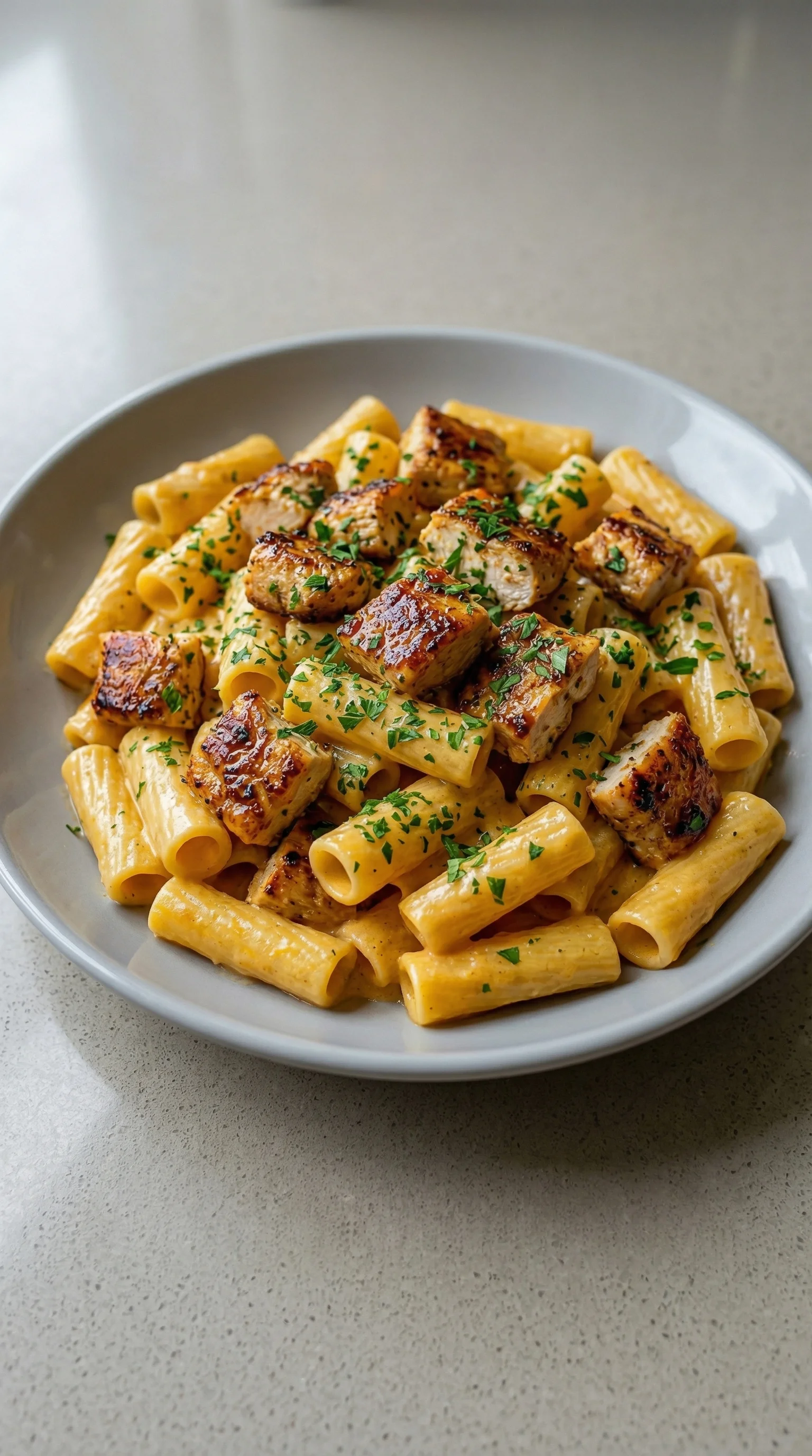 Ein Bild von einer Pasta-Gerichte, die mit Hähnchen, Knoblauch und Butter zubereitet wurde.