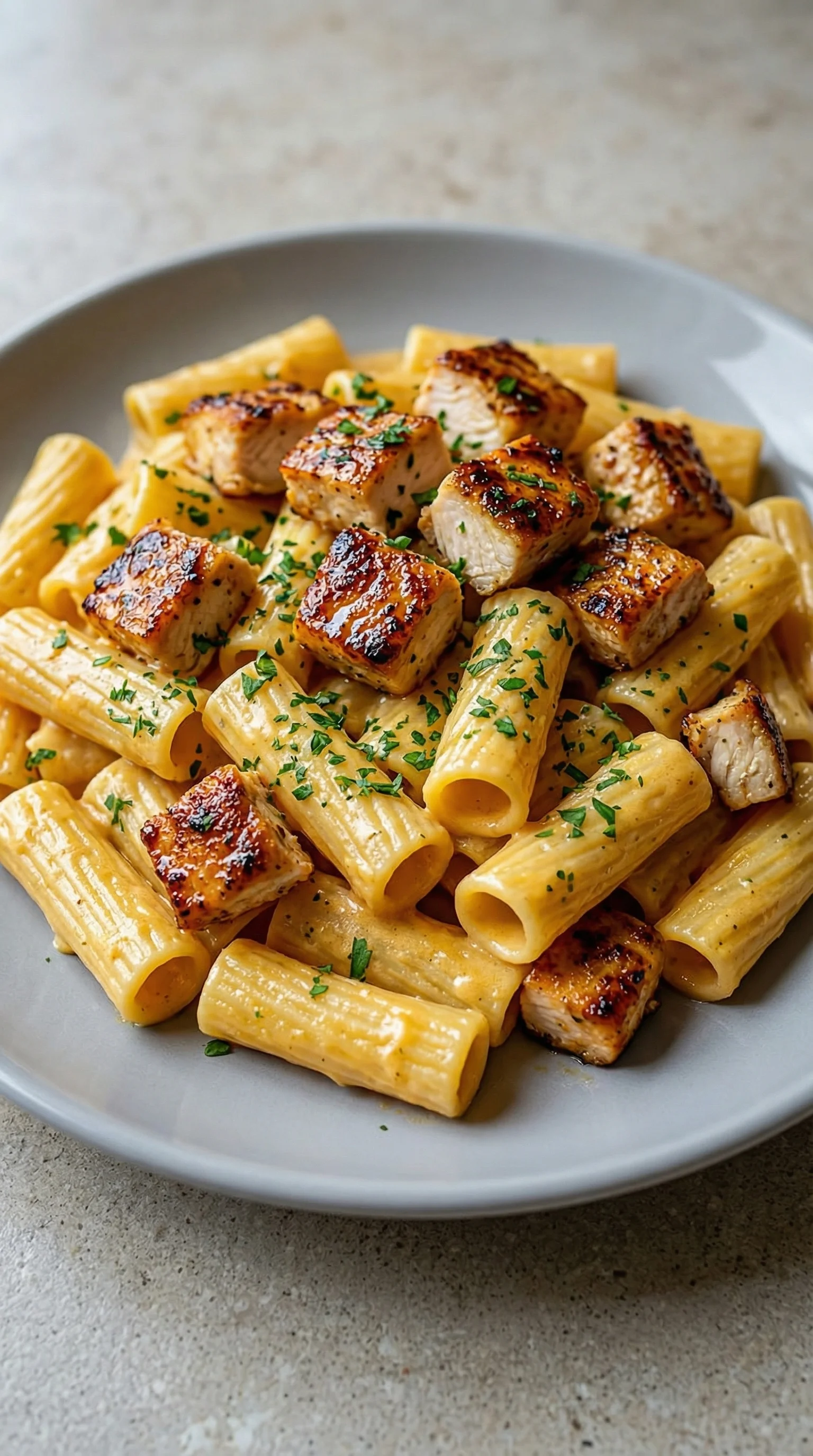 Eine Platte mit Pasta, Hähnchen und Knoblauch.