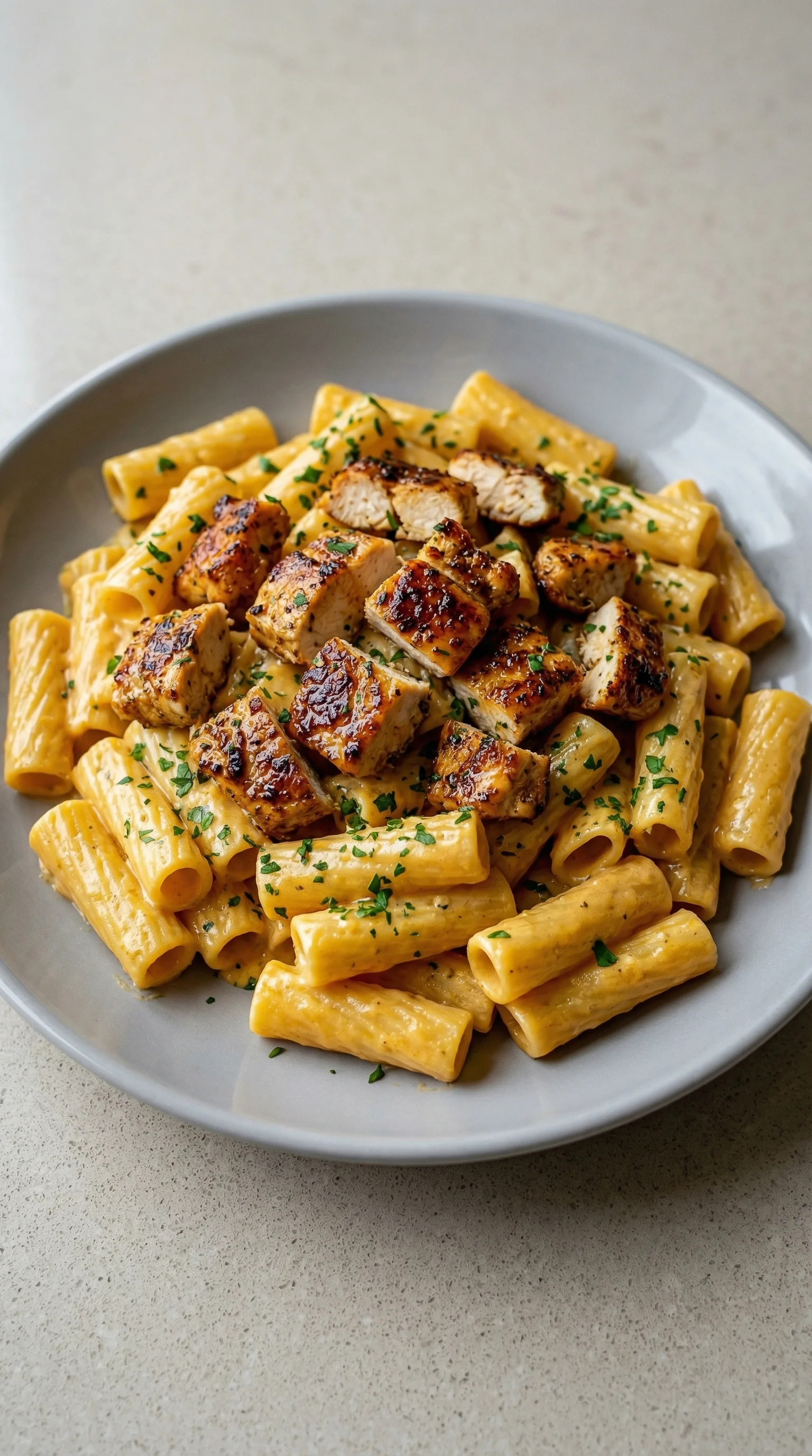 Ein Bild von einer Pasta-Gerichte, die mit Hähnchen, Knoblauch und Butter zubereitet wurde.