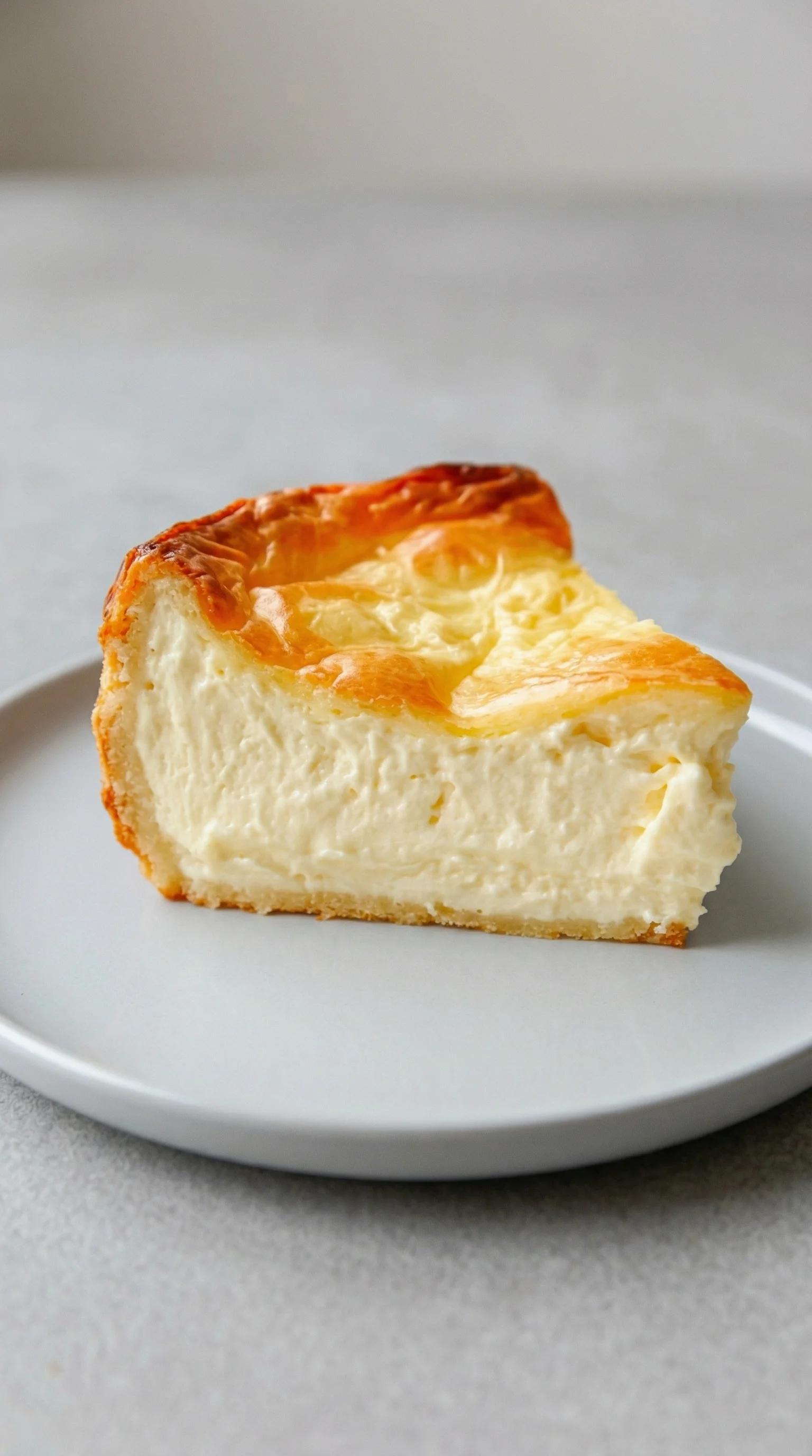 Ein Stück Käsekuchen auf einem weißen Plate.