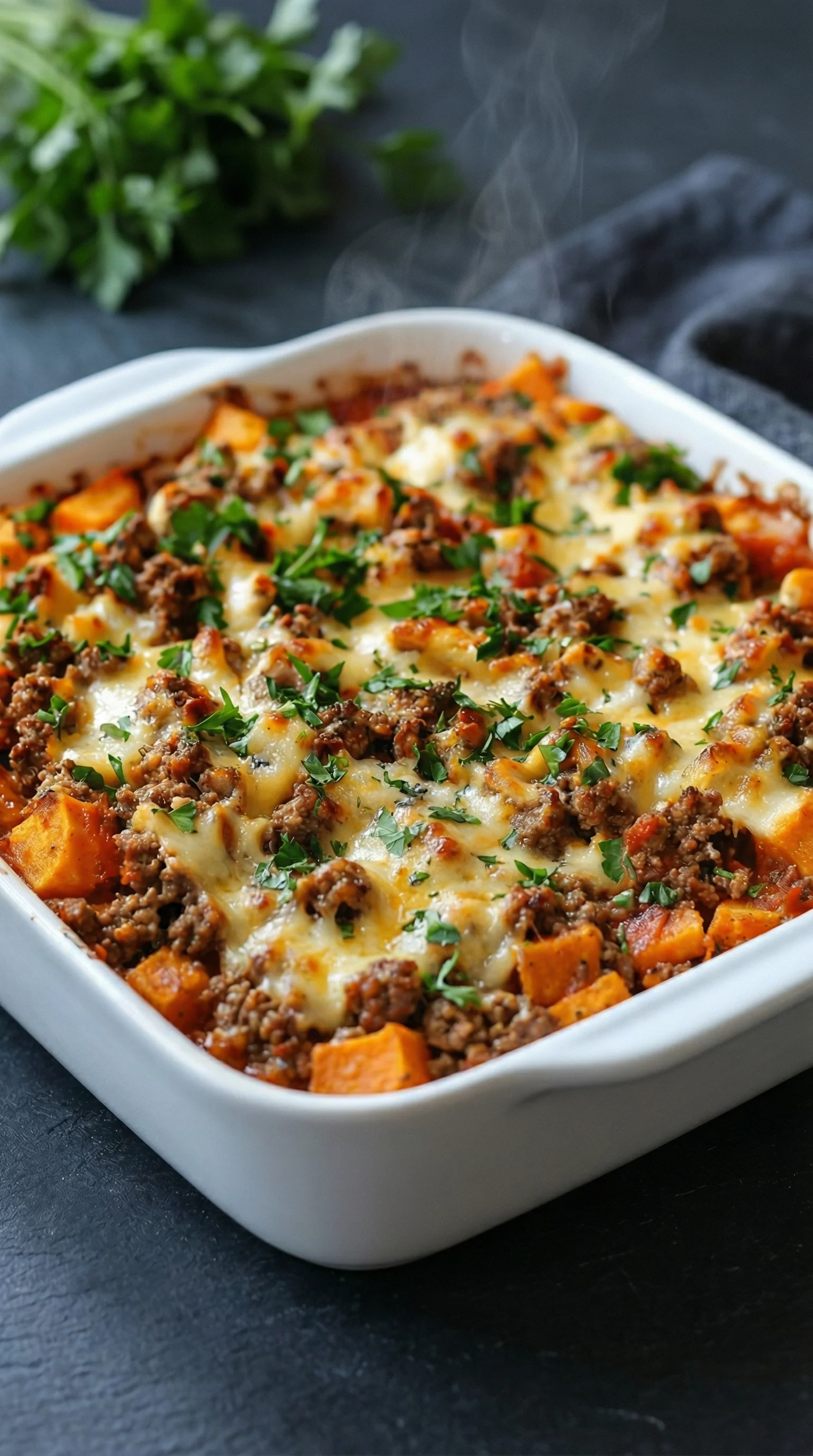 Ein weißer Auflauf mit Hackfleisch, Feta und Süßkartoffeln.