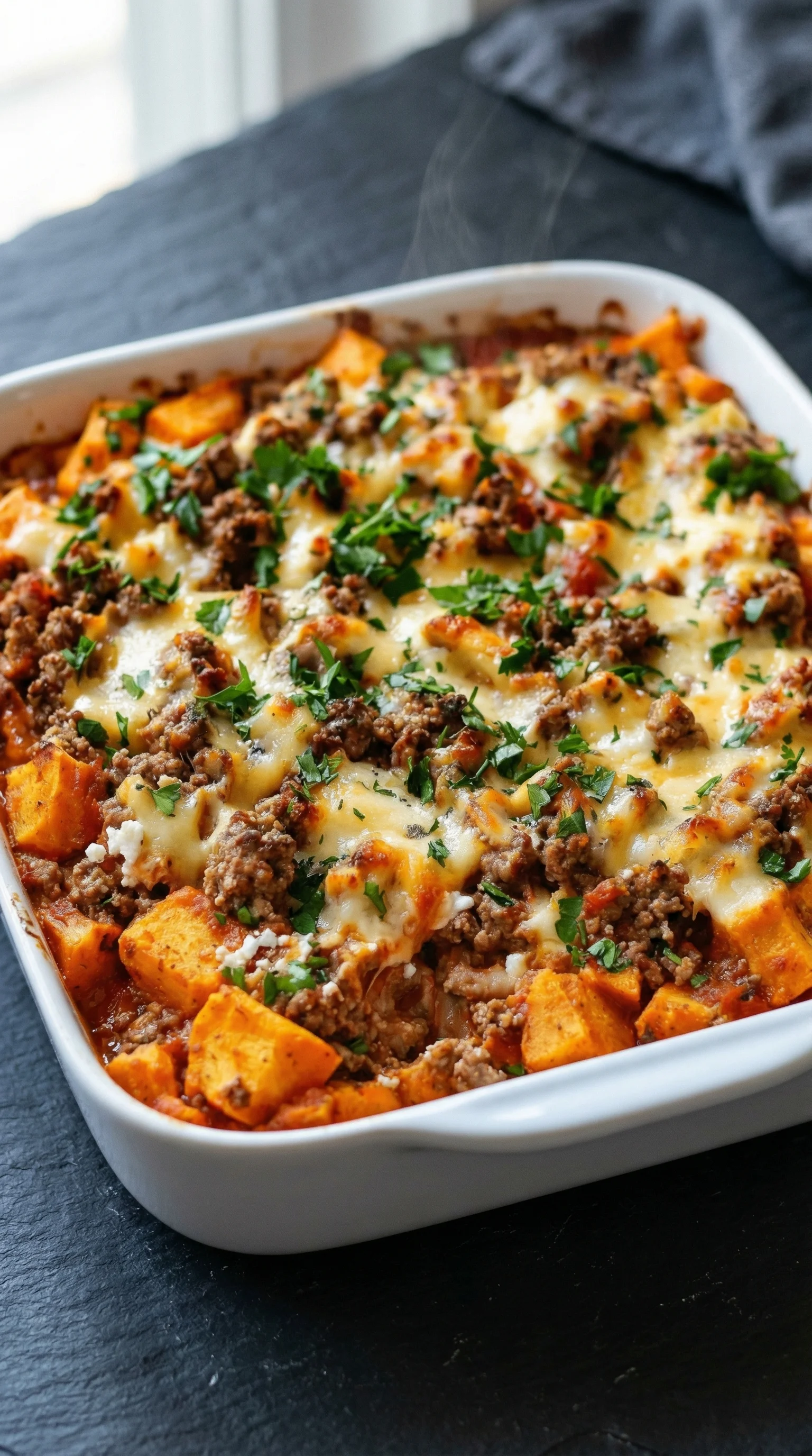 Ein weißer Teller mit einem Hackfleisch-Auflauf, der mit Feta und Süßkartoffeln zubereitet wurde.