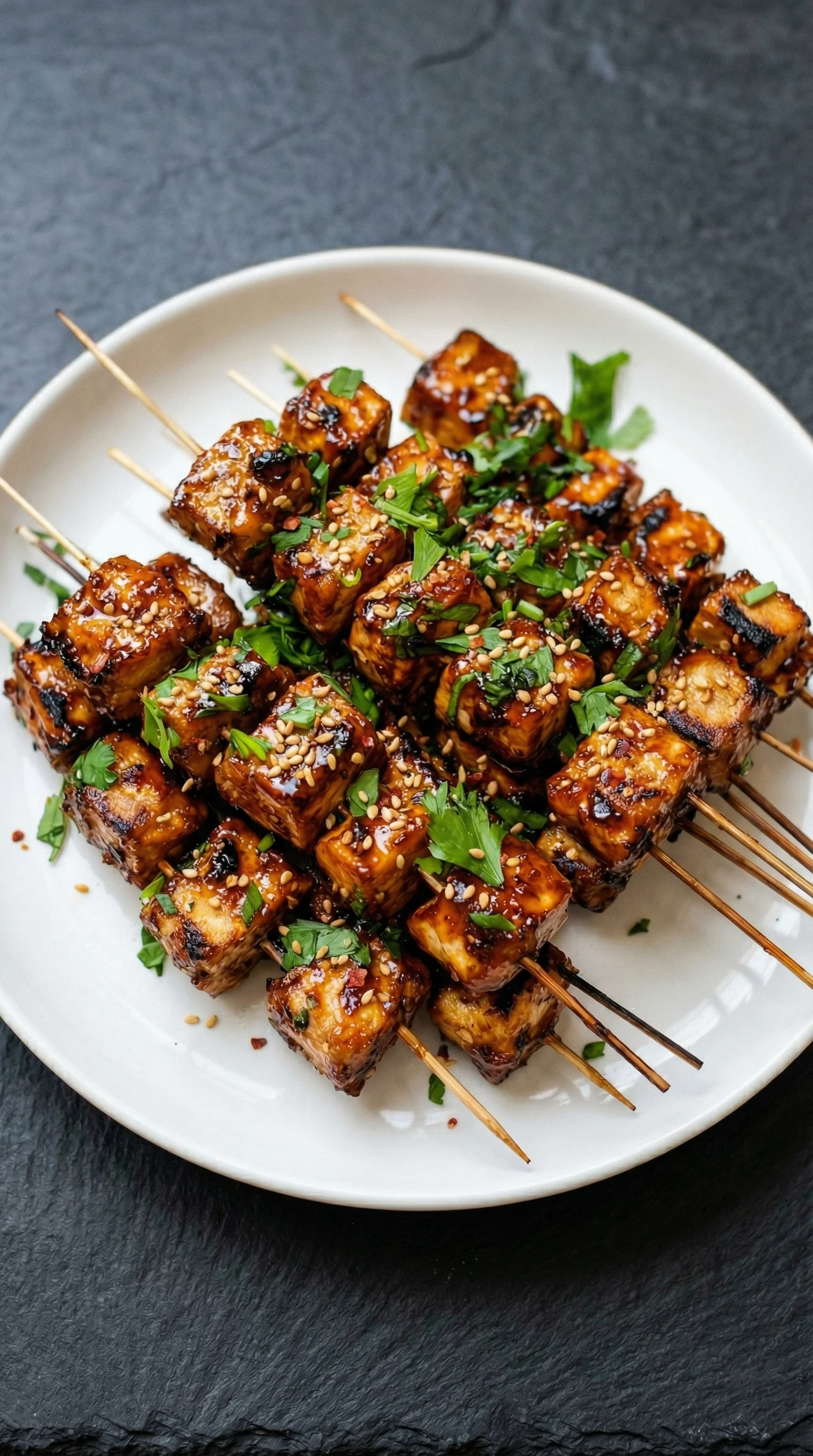 Ein weißer Teller mit Knoblauch-Soja-Glasierte Tofu-Spießen auf Stäbchen.