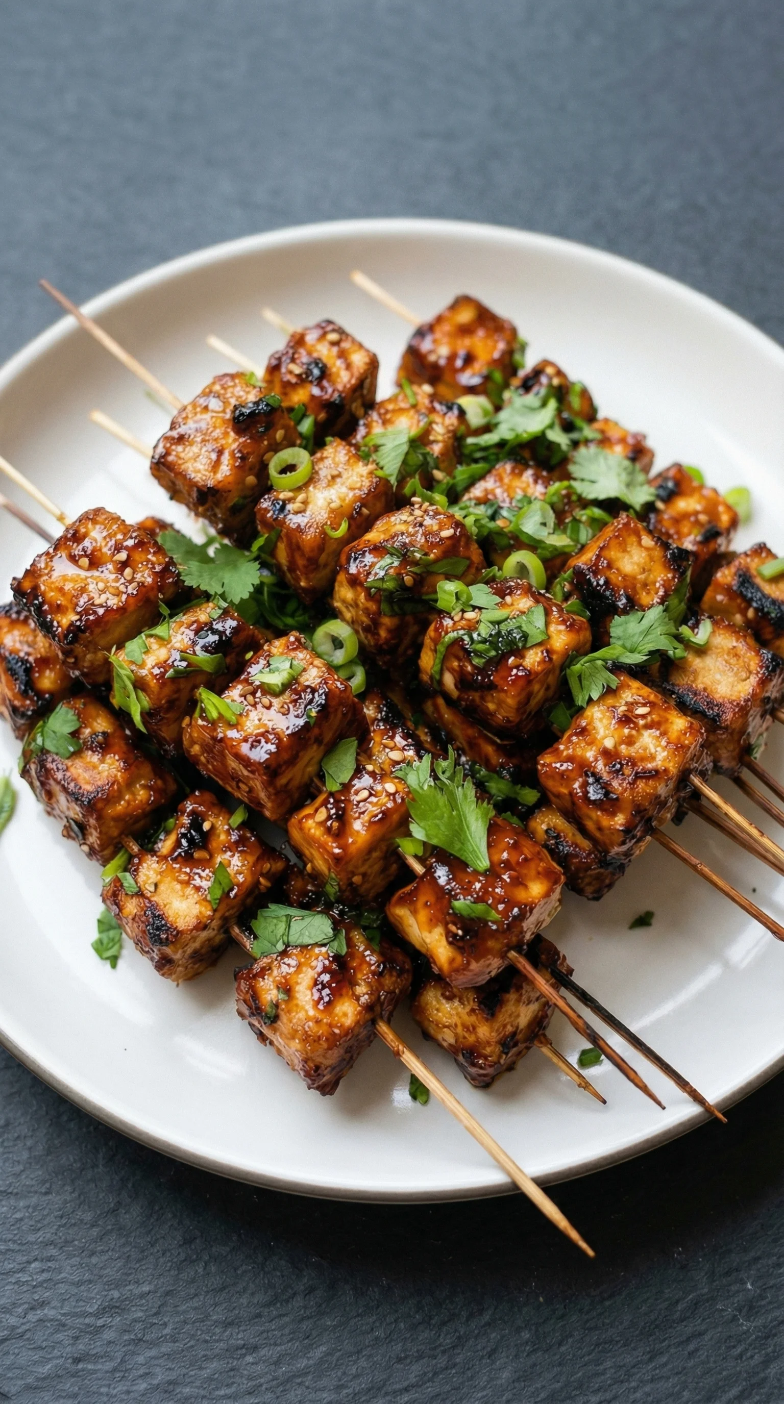 Eine Platte mit Knoblauch-Soja-Glasierte Tofu-Spießen auf Stäbchen.