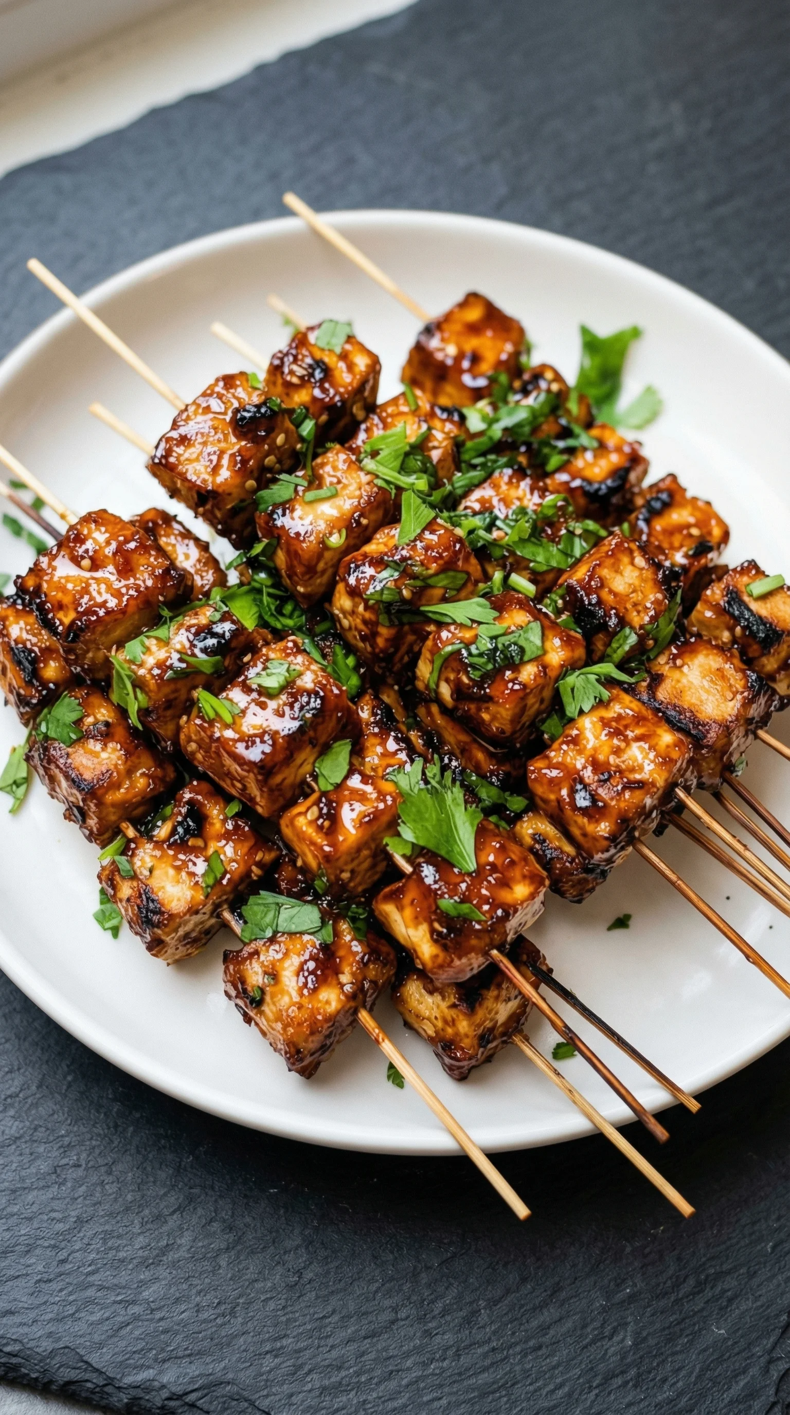 Ein weißer Teller mit Soja-glasierten Tofu-Spießen, die auf Stäbchen befestemt sind.