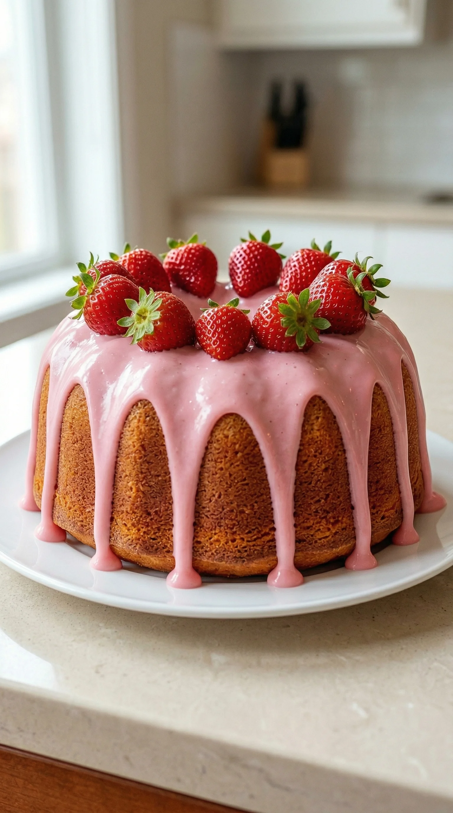 Ein Gugelhupf mit Strawberries und Pink-Farbem Zustand auf einem weißen Teller.