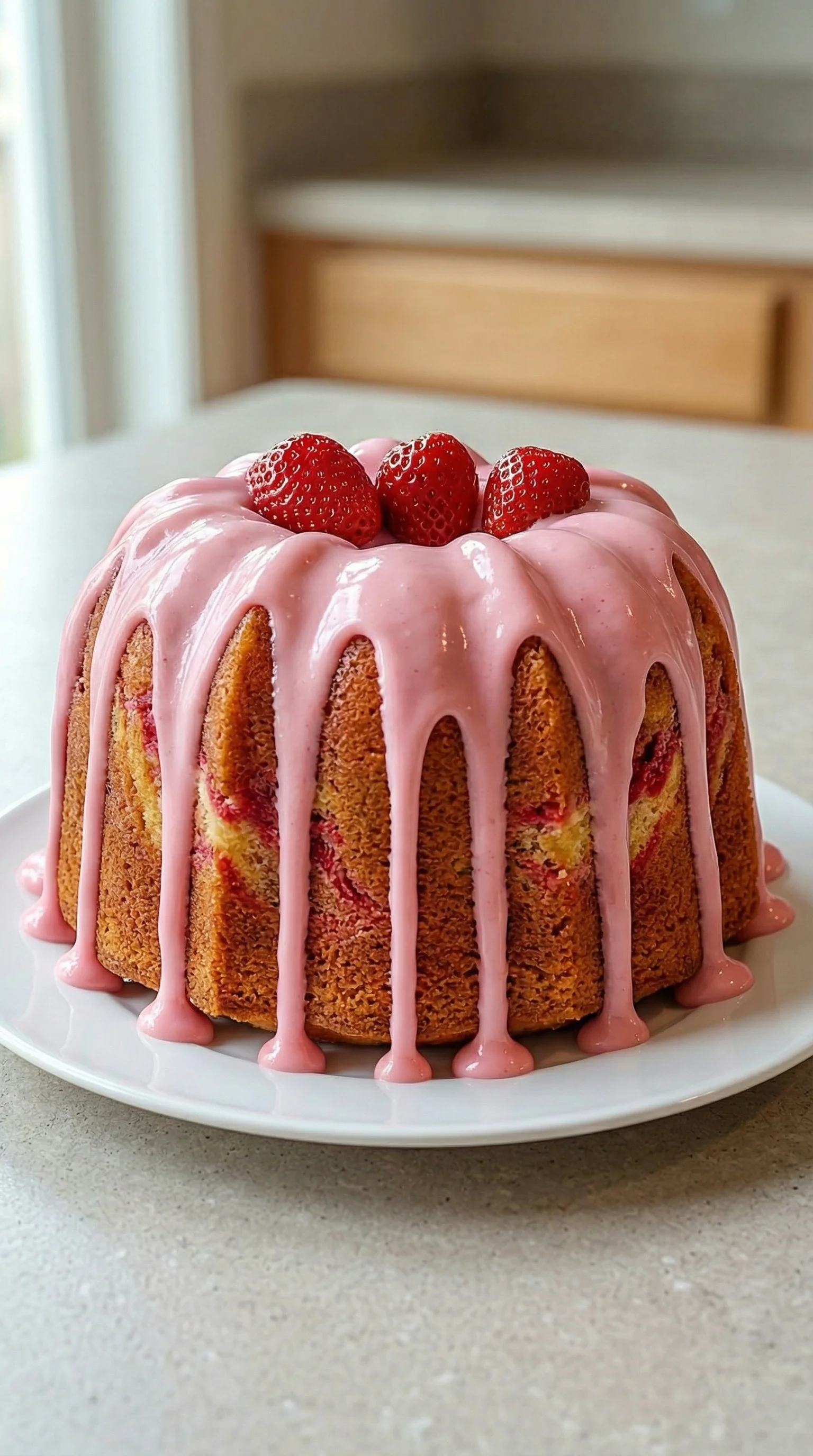 Ein Gugelhupf mit einer Schicht aus Erdbeermilch und Strawberries.