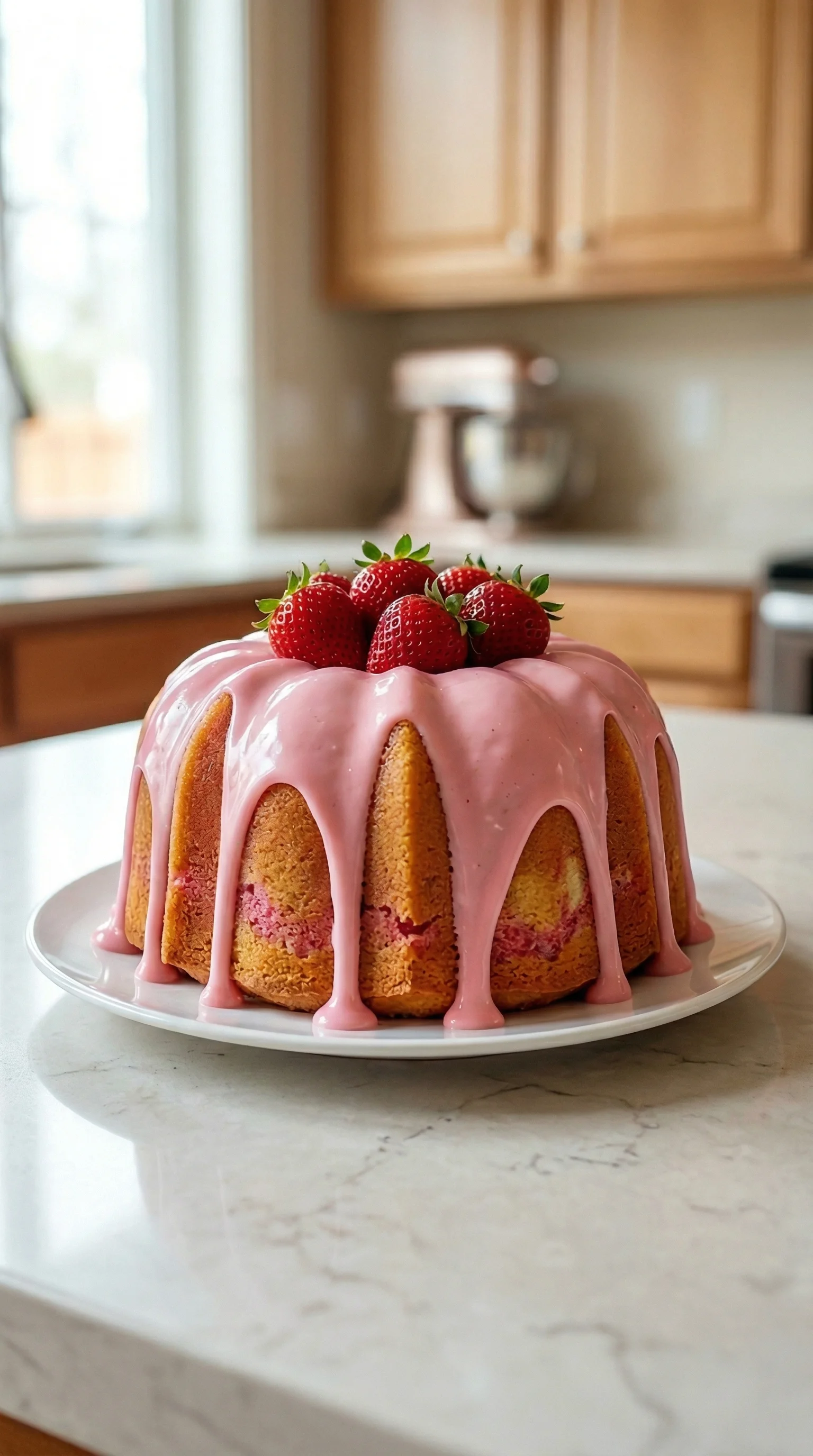 Ein Gugelhupf mit Strawberries und Erdbeermilch.