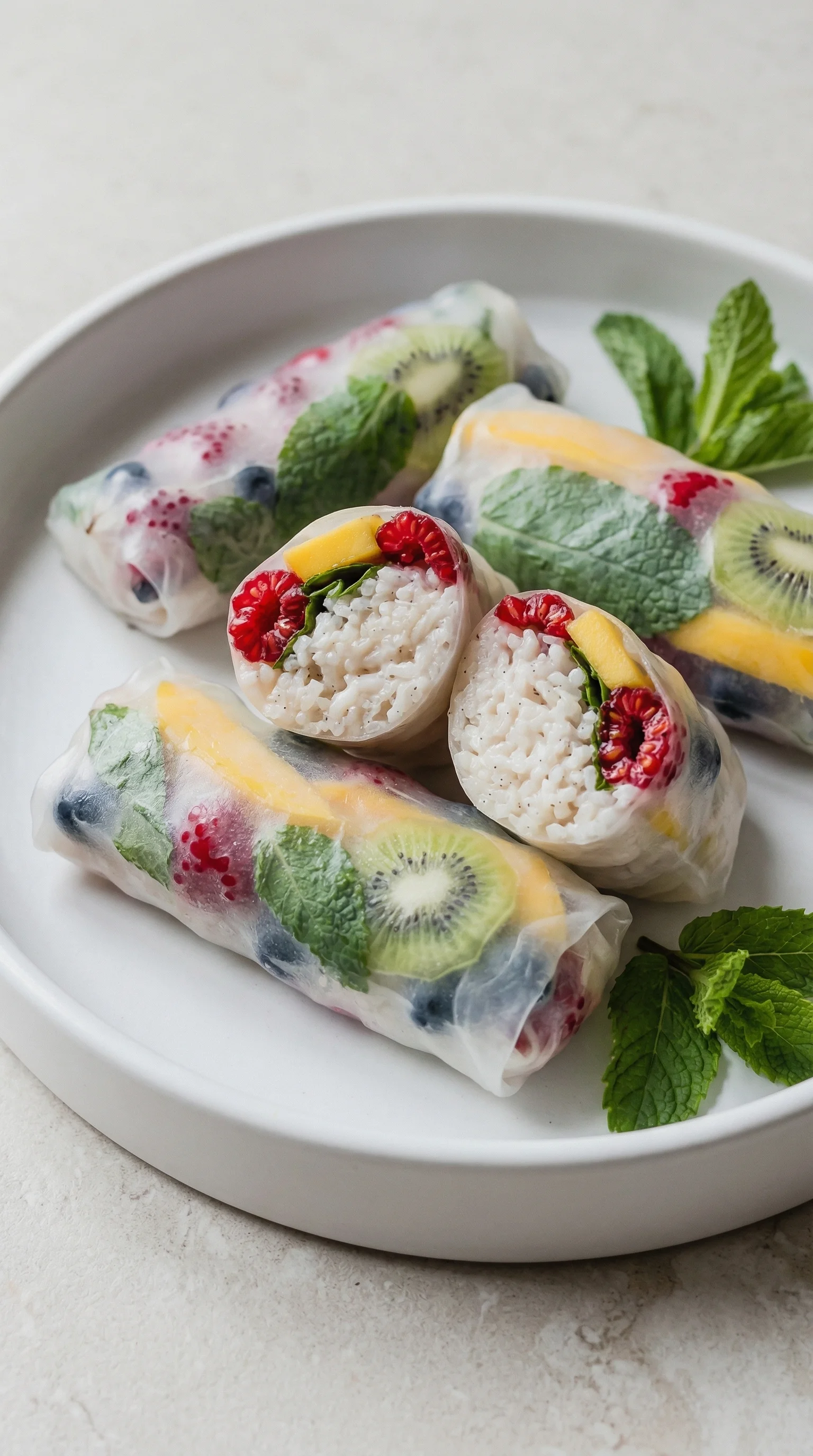Eine Platte mit vegane süße Sommerrollen, die aus Rice, Kiwi, Blueberry, Mint und anderen Zutaten bestehen.