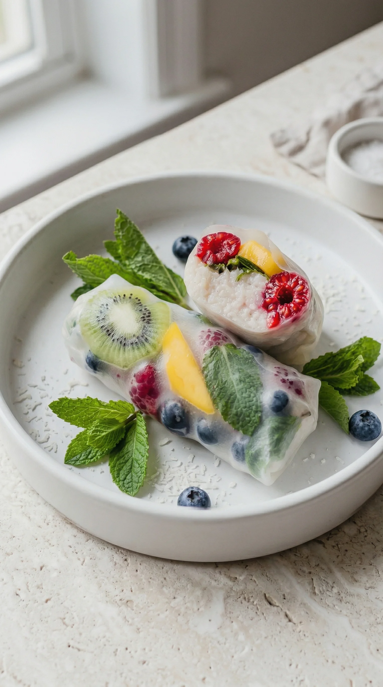 Eine Platte mit vegane süßen Sommerrollen, die aus Kiwis, Blaubeeren, Papaya und anderen frischen Zutaten bestehen.