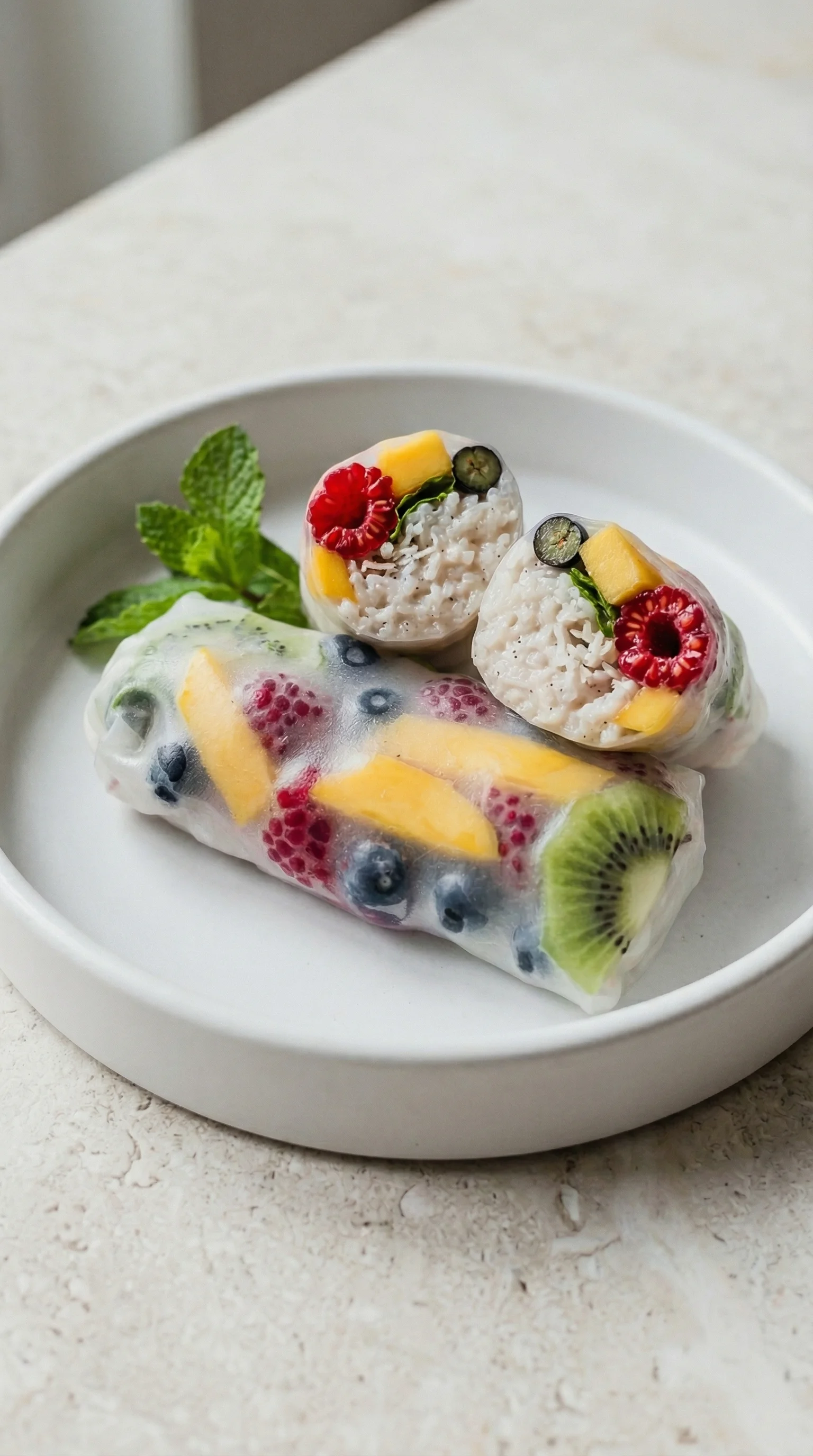 Zwei vegane süße Sommerrollen mit frischem Obst, wie Zitrusfrüchten und Beeren, auf einem weißen Teller.