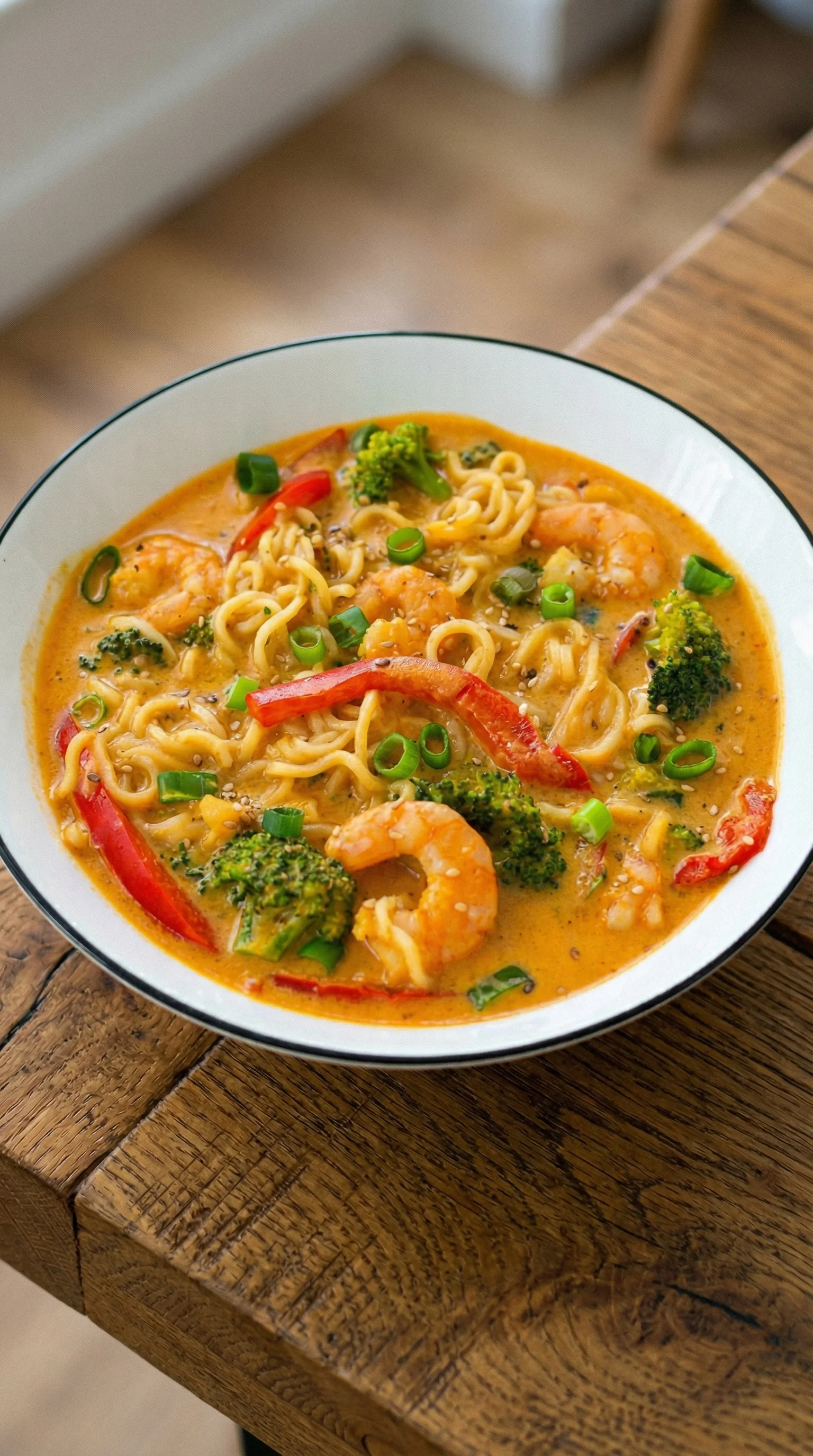 Ein weißer Teller mit einer asiatischen Nudelsuppe, die mit Garnelen und Zwiebeln garniert ist.