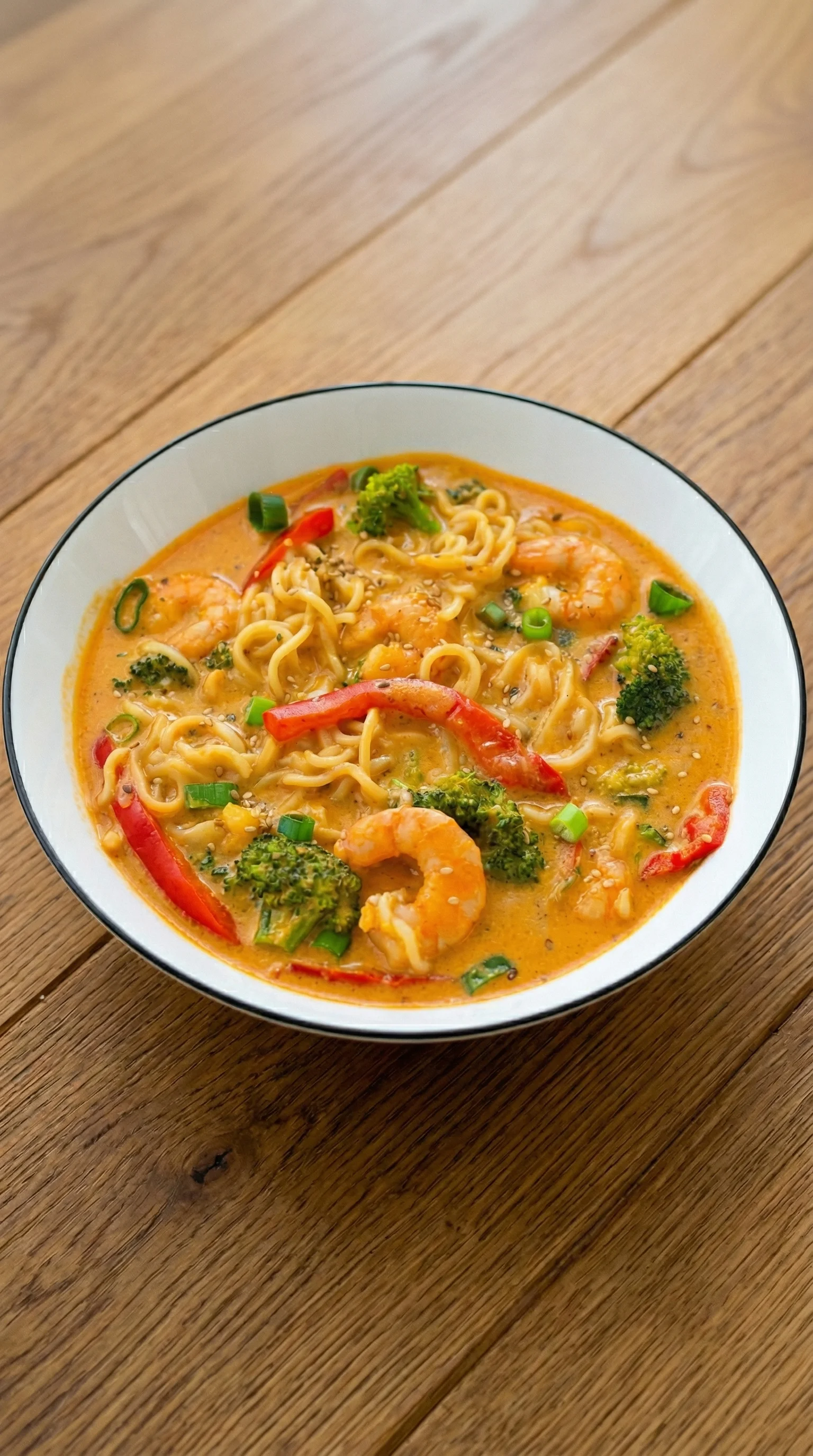 Ein weißer Teller mit einer asiatischen Nudelsuppe, die mit Garnelen und Zwiebeln garniert ist.