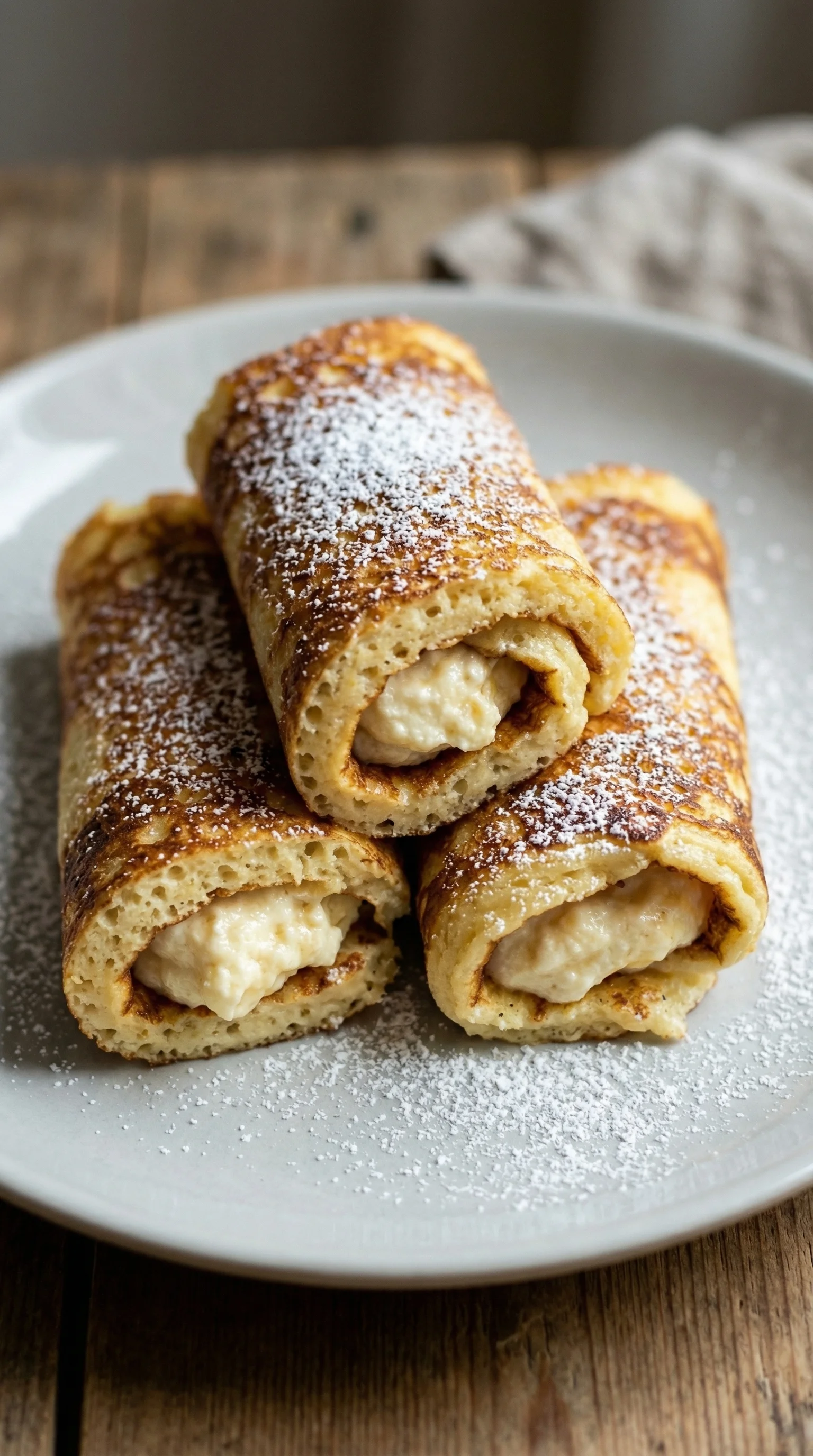 Eine Platte mit drei Quark-Pfannkuchen ohne Mehl, die mit Zucker bestäubt sind.