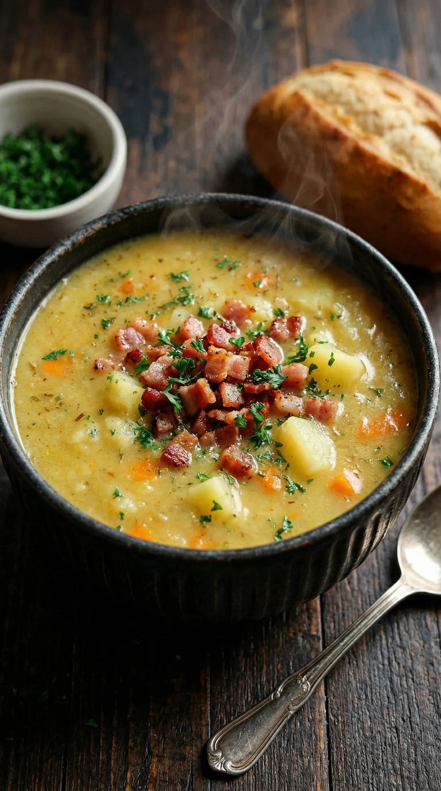 Eine Schüssel mit einer cremigen Kartoffelsuppe, die fertig in 30 Minuten ist.