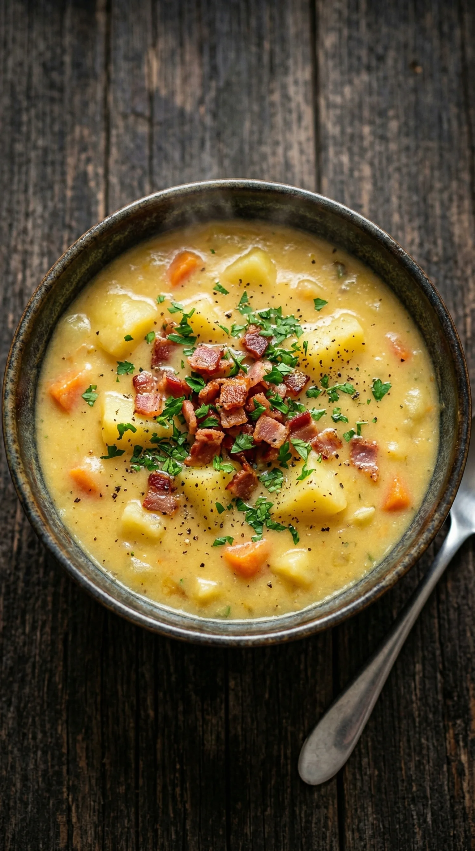 Eine Schüssel mit einer cremigen Kartoffelsuppe, die fertig in 30 Minuten ist.