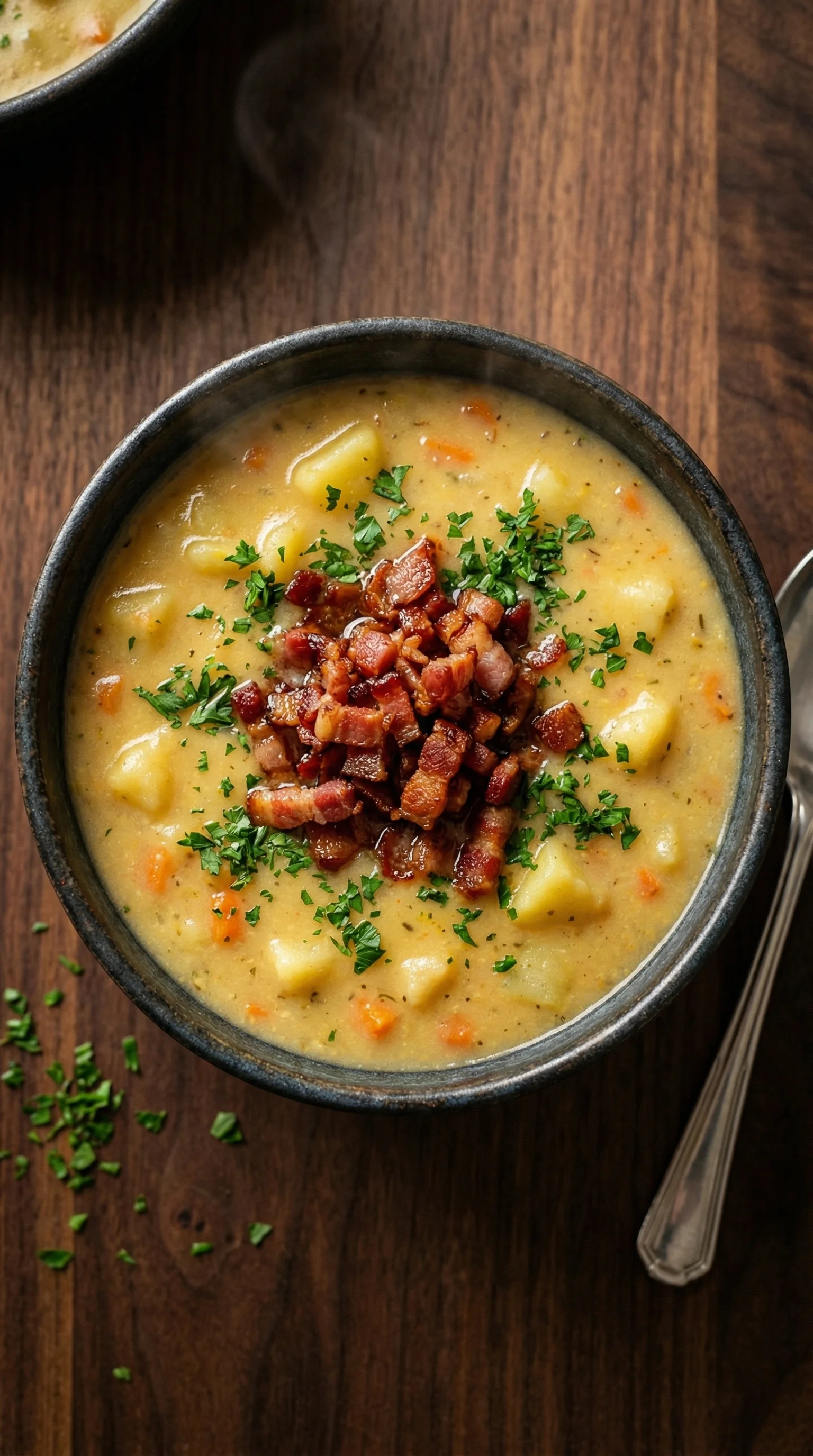 Eine Schüssel mit einer cremigen Kartoffelsuppe, die fertig in 30 Minuten ist.